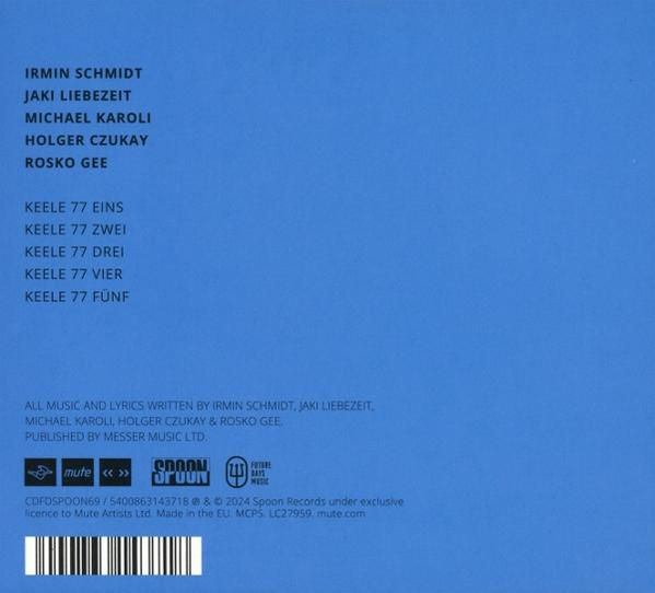Rückseite eines CD-Covers mit Namen, Songtiteln und Urheberrechtsinformationen auf blauem Hintergrund.