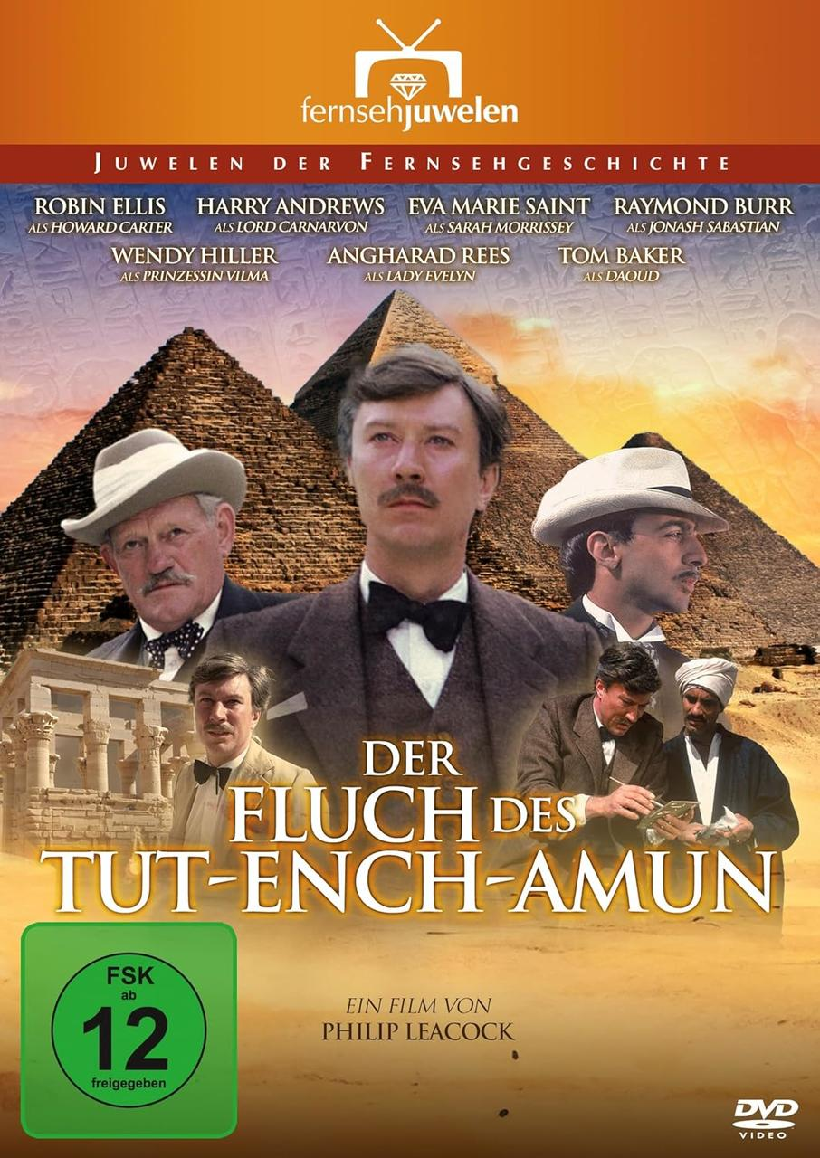 Filmposter: 'Der Fluch des Tut-Ench-Amun'. Leute in Anzügen, Pyramiden im Hintergrund.