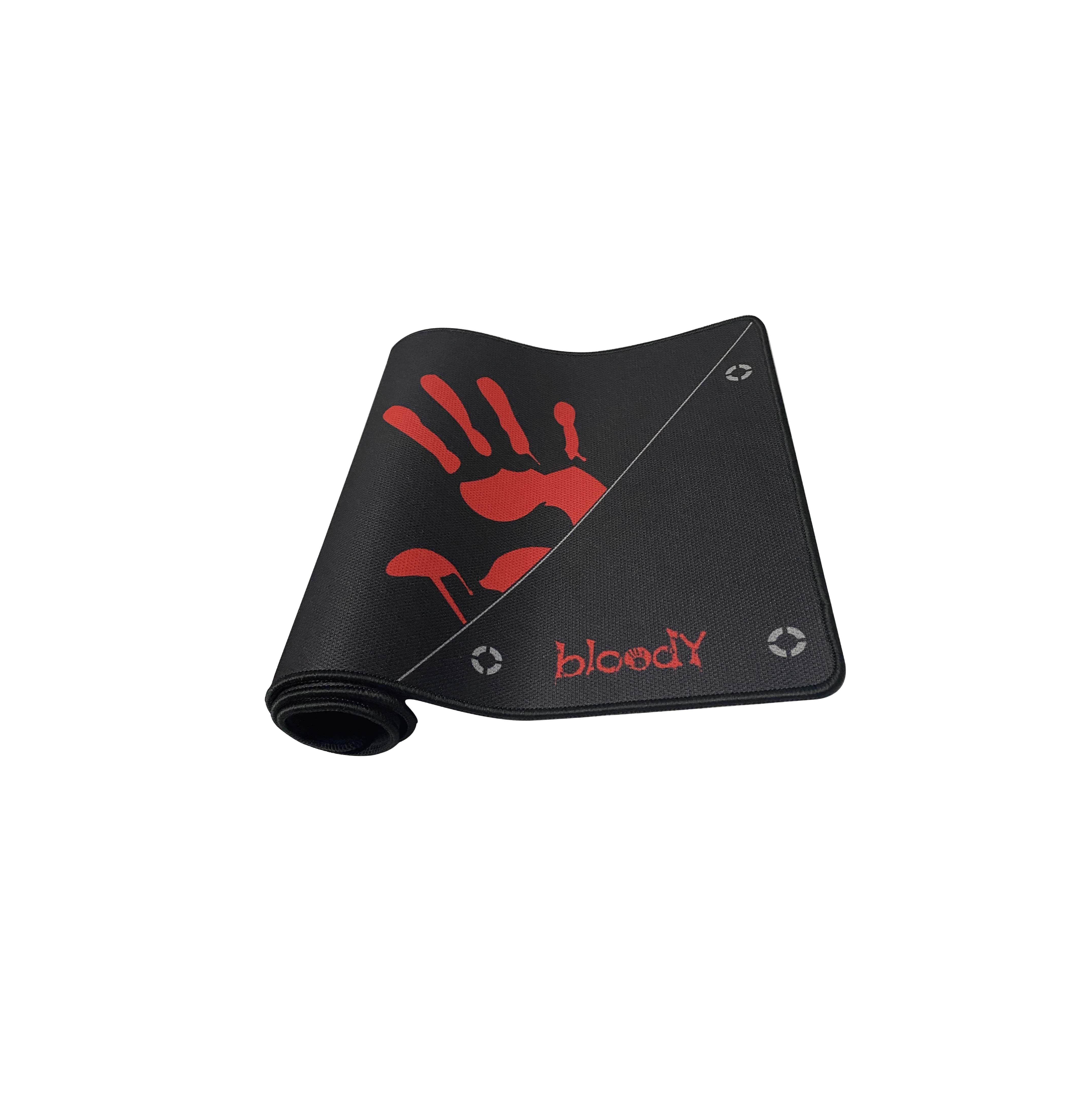 Kırmızı bir el izi ve kırmızı renkte "bloody" kelimesi yazılı siyah bir mousepad.