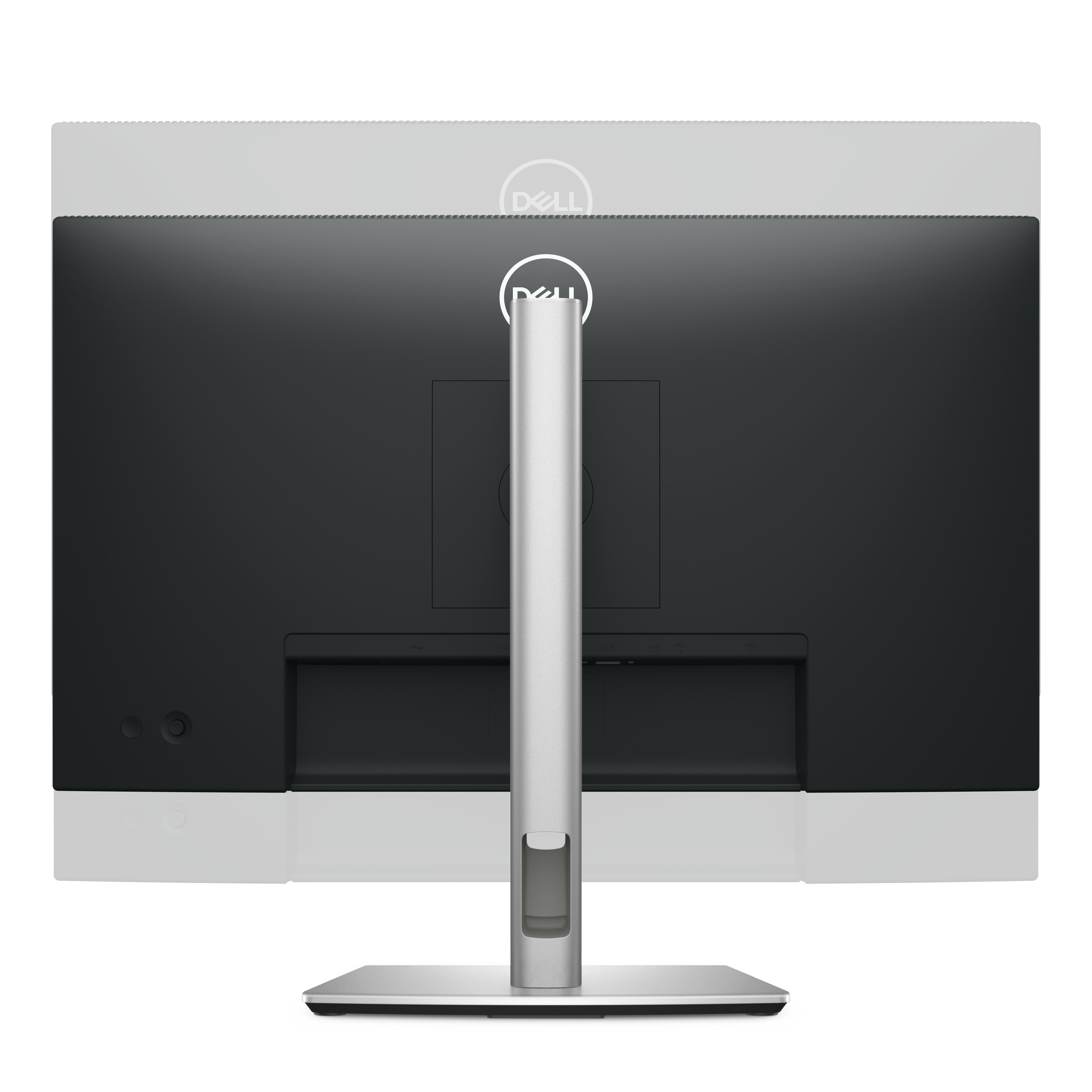 Rückansicht eines schwarz-weißen Computermonitors mit silbernem Ständer.