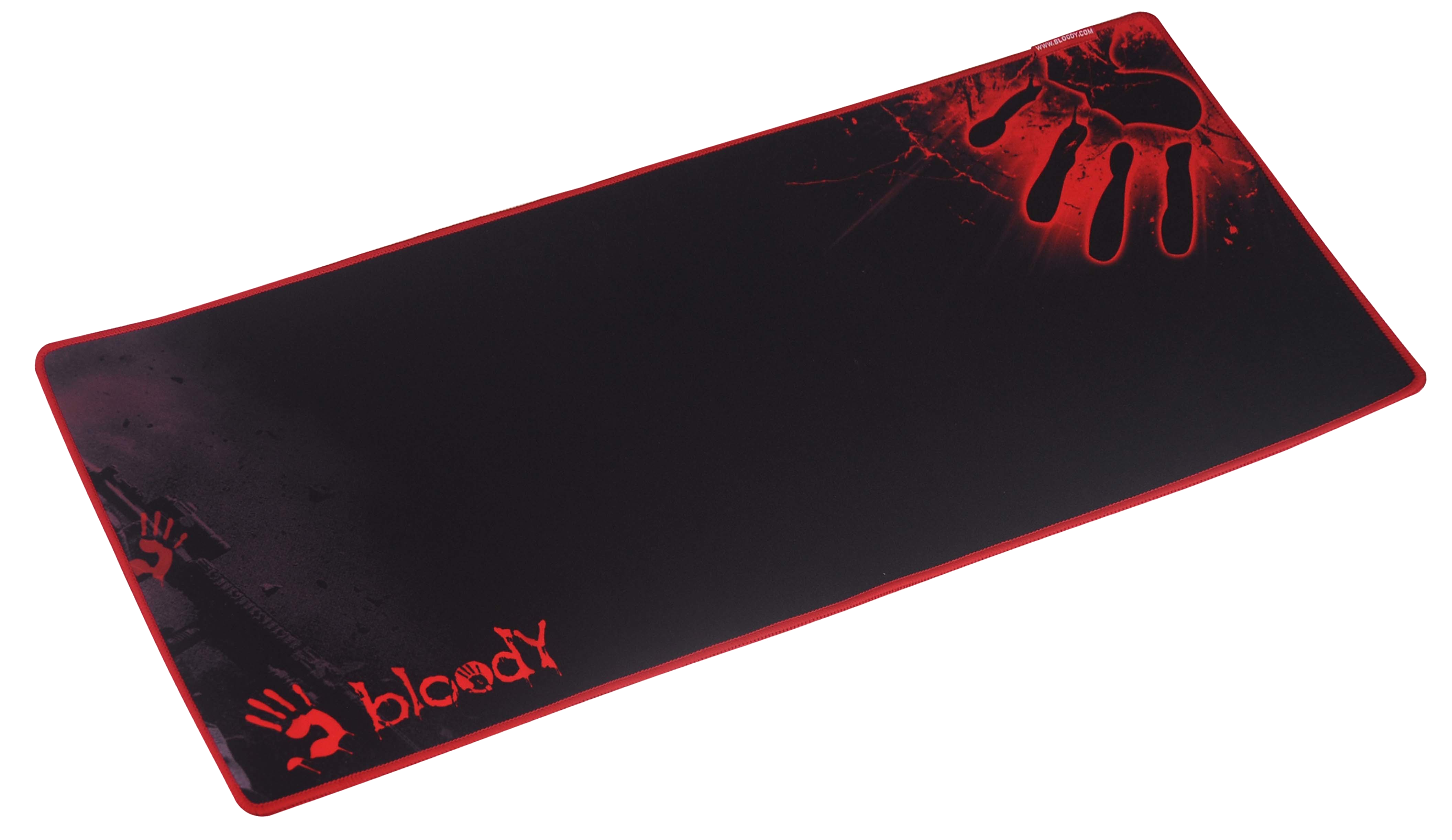Kırmızı kenarlı, kanlı el izi ve logolu siyah mousepad. Siyah arka plan.