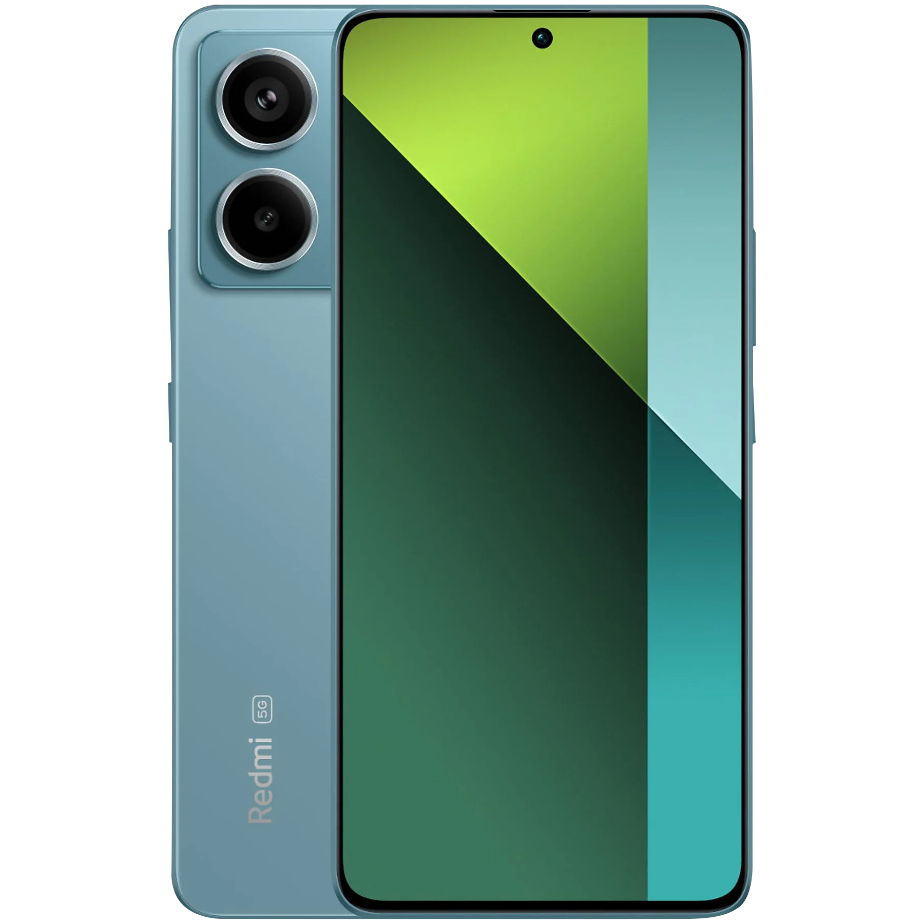 Niebieski telefon z dwoma tylnymi aparatami i zielono-białym ekranem.