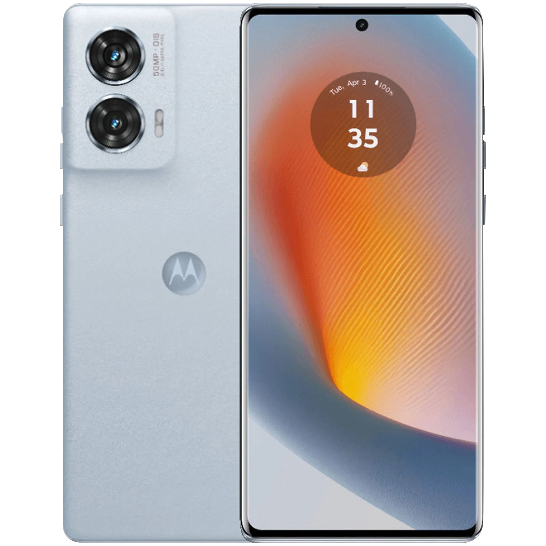 Jasnoniebieski telefon Motorola z dwoma tylnymi aparatami i wyświetlaną godziną.