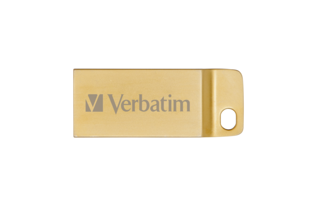 Siyah zemin üzerinde altın rengi bir Verbatim USB sürücüsü. Yuvarlak kenarlı dikdörtgen.