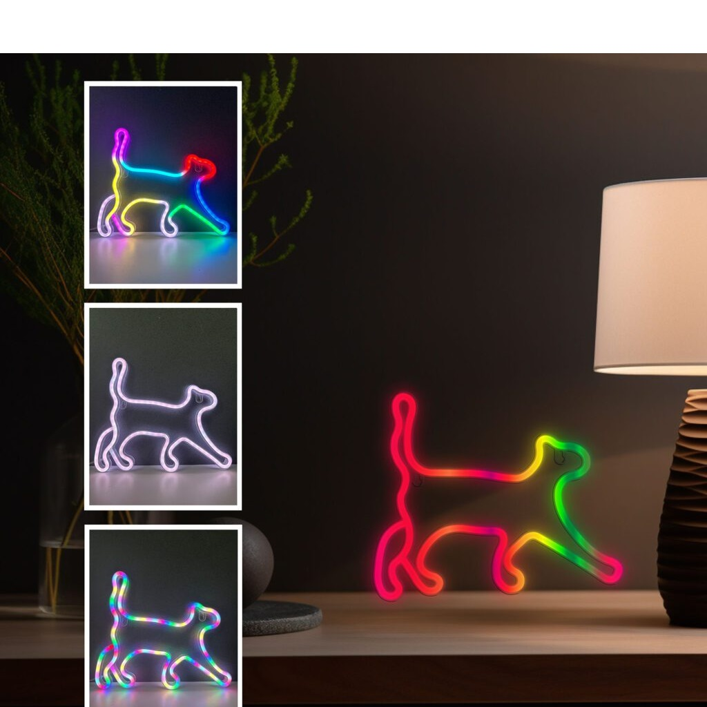 Trzy neonowe lampy w kształcie kota w różnych kolorach i trybach, na drewnianym stole.