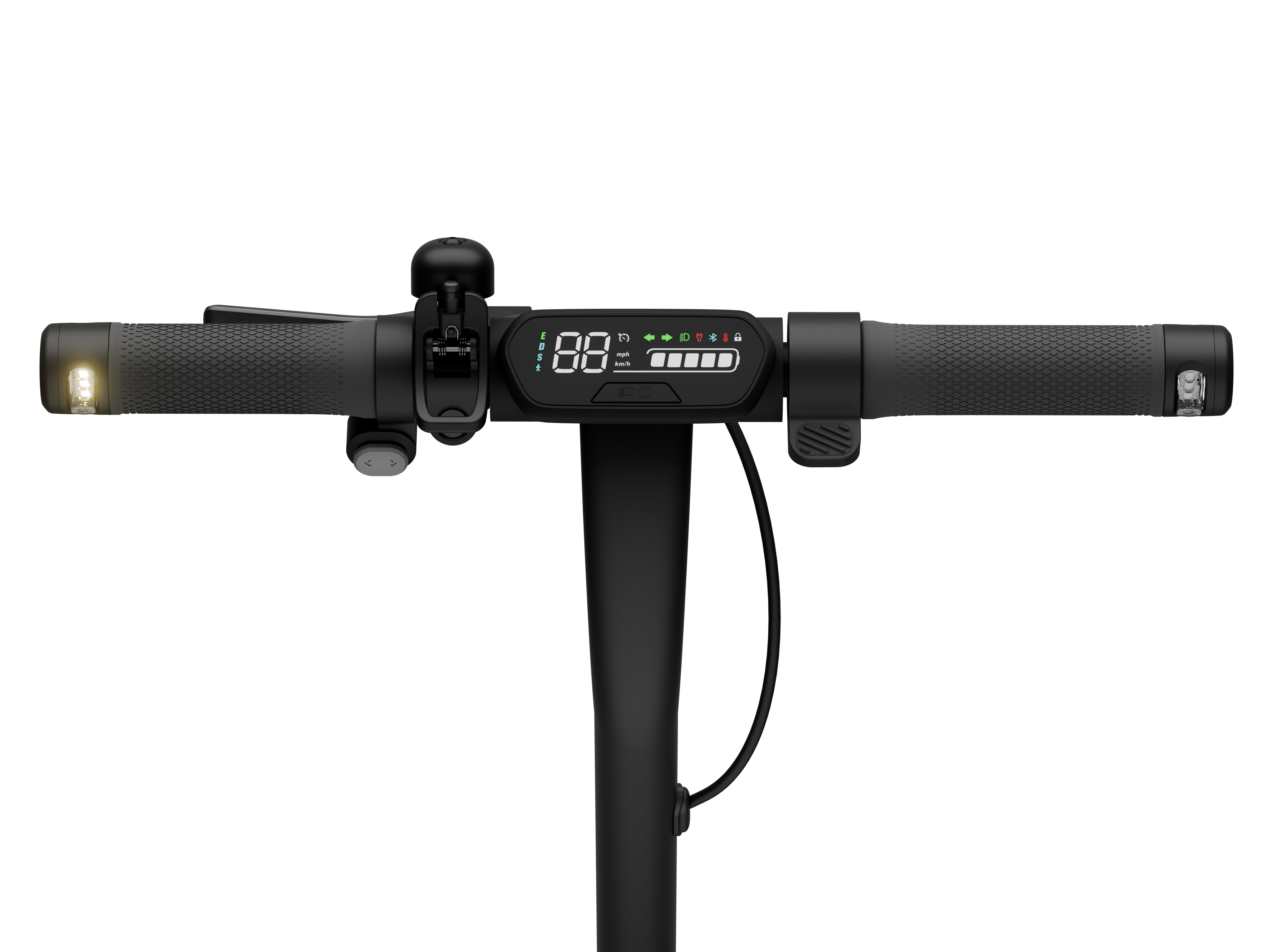 Nahaufnahme des E-Scooter-Lenkers. Anzeigen, Lichter und Bedienelemente sind sichtbar.