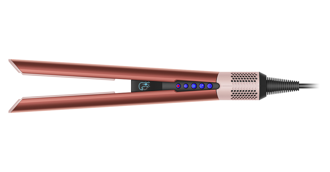 Prostownica do włosów w kolorze różowego złota, otwarta na białym tle.