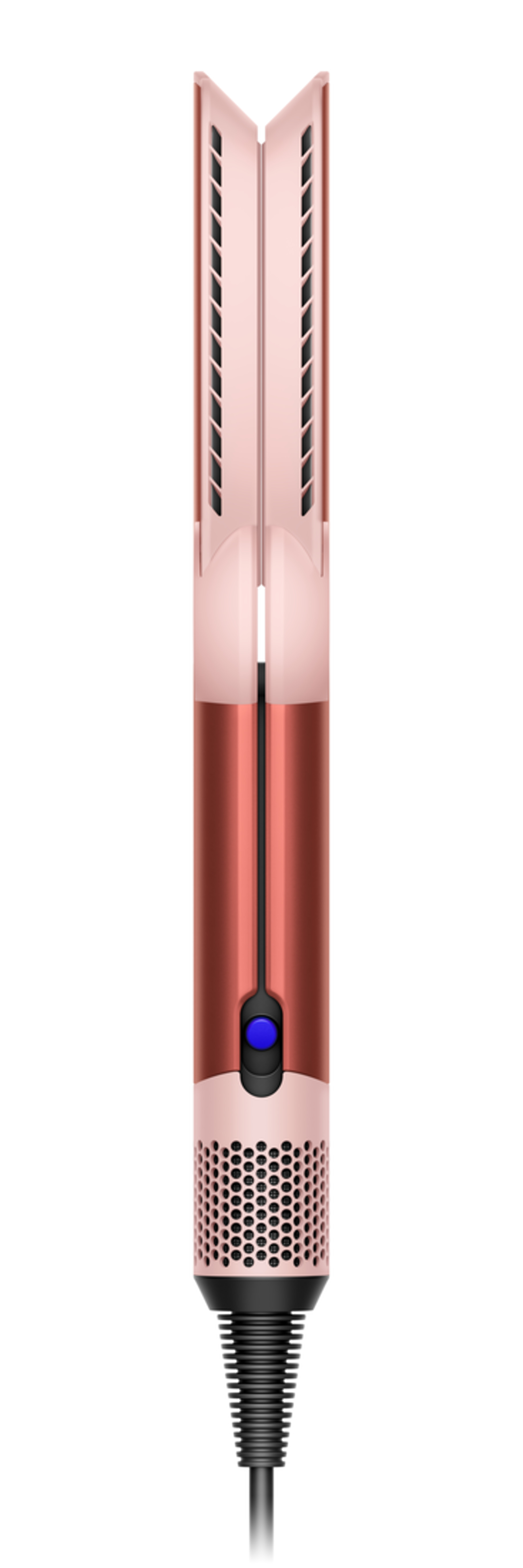Prostownica do włosów w kolorze różowego złota, widok z boku, z czarnym przewodem zasilającym.