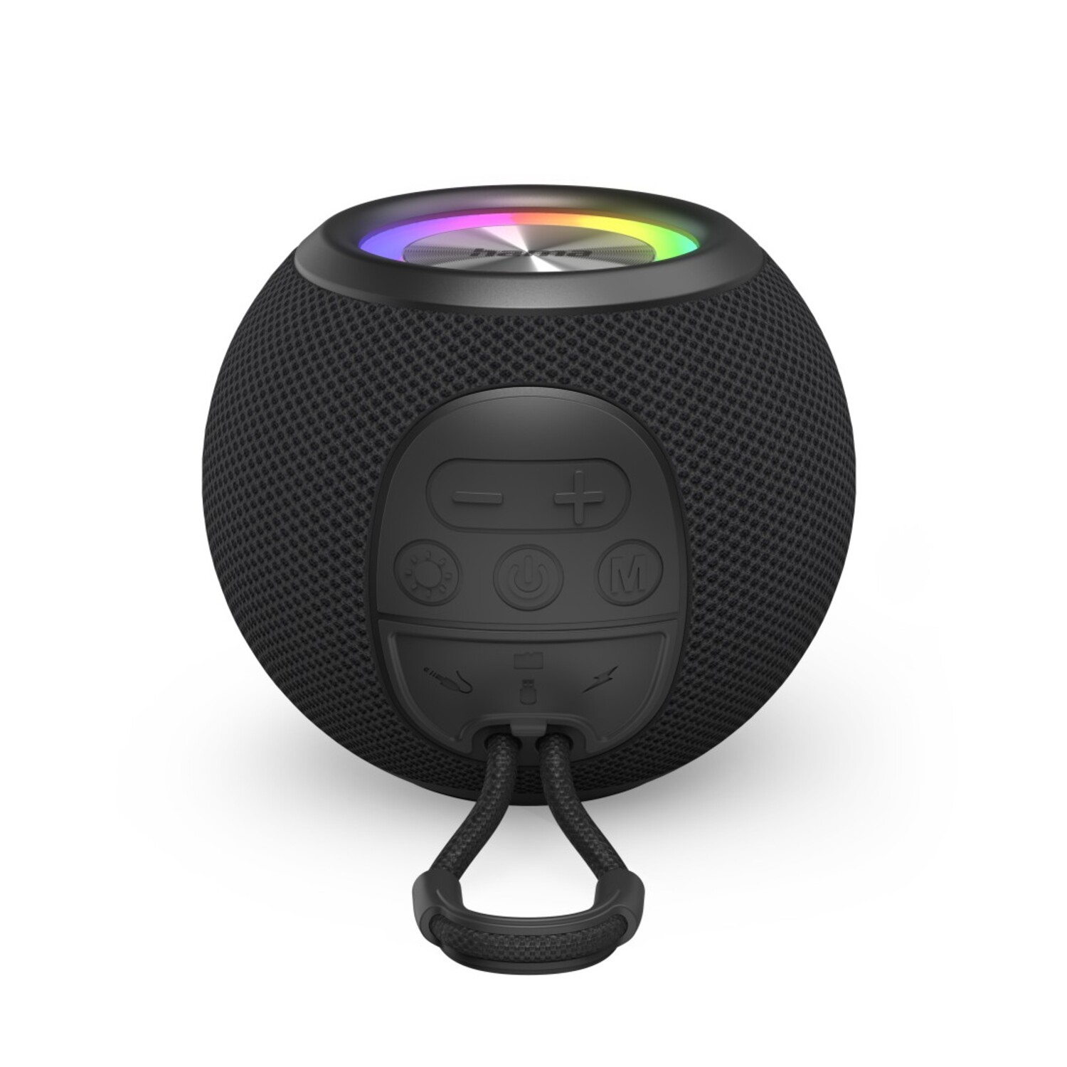 A black, spherical speaker with a handle. It has buttons and a colorful light on top. The background is white.