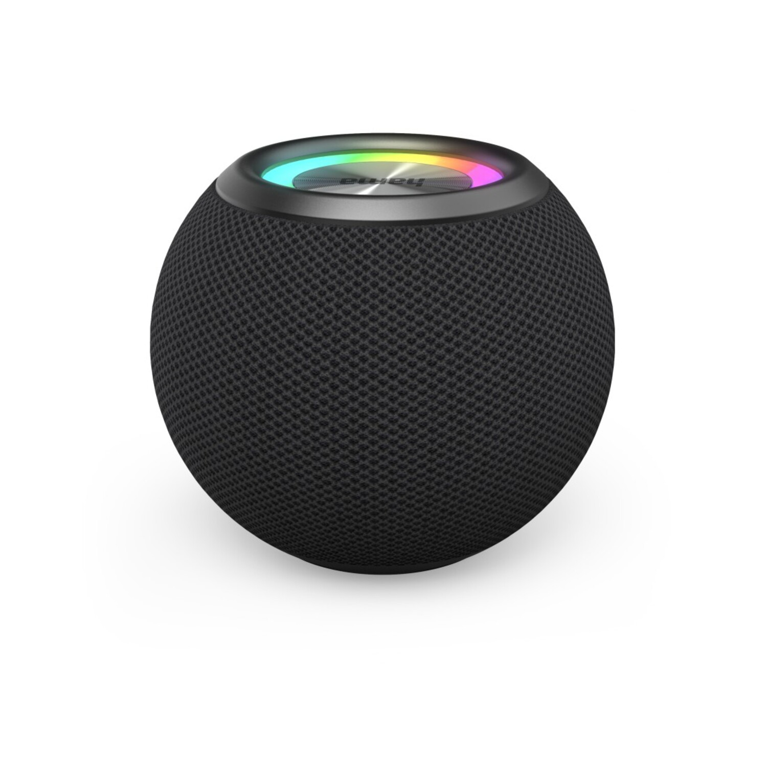 A black, spherical speaker with a mesh texture. The top has a metallic ring with a multi-colored light. It's on a white background.