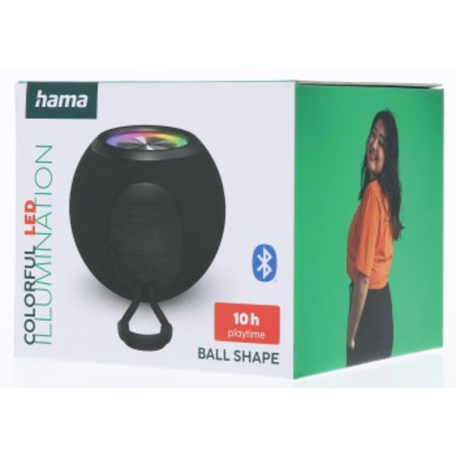 Box with black speaker, LED illumination, and a woman in orange top. Bluetooth logo and 10h playtime label are visible.