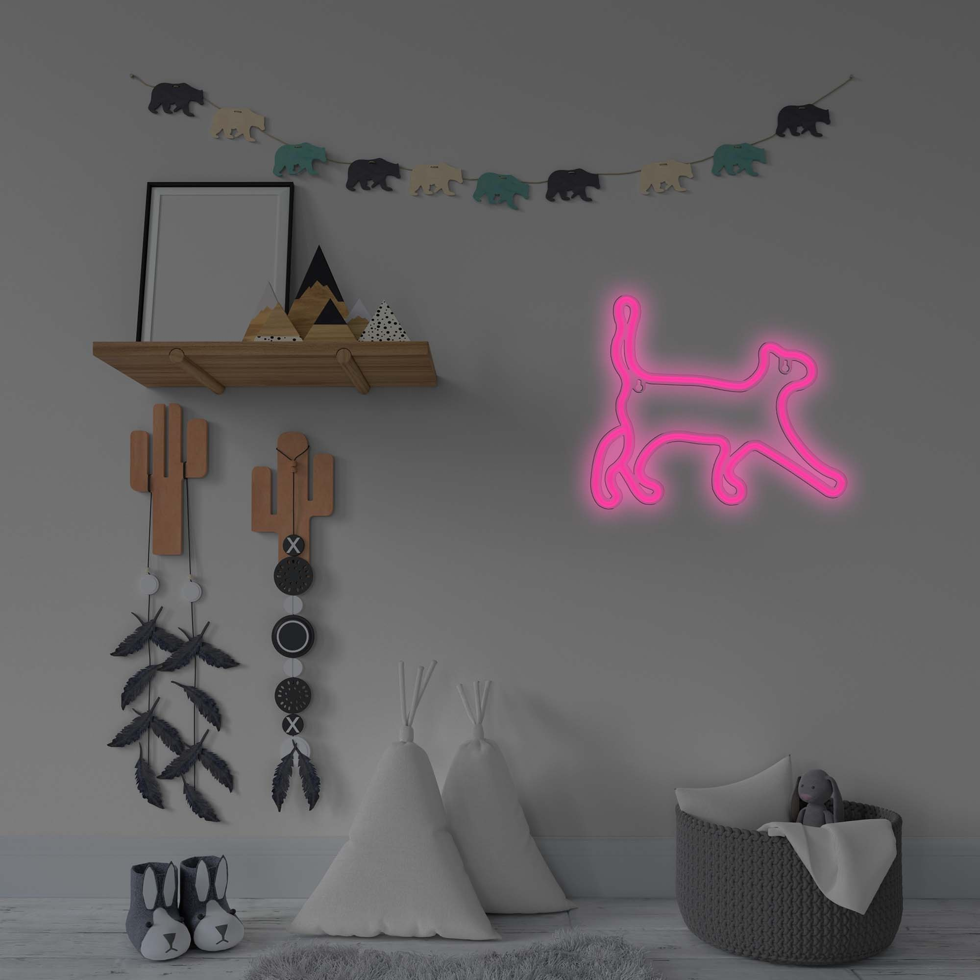 Pokój dziecięcy z neonowym różowym kotem na ścianie, dekoracjami i tipi.