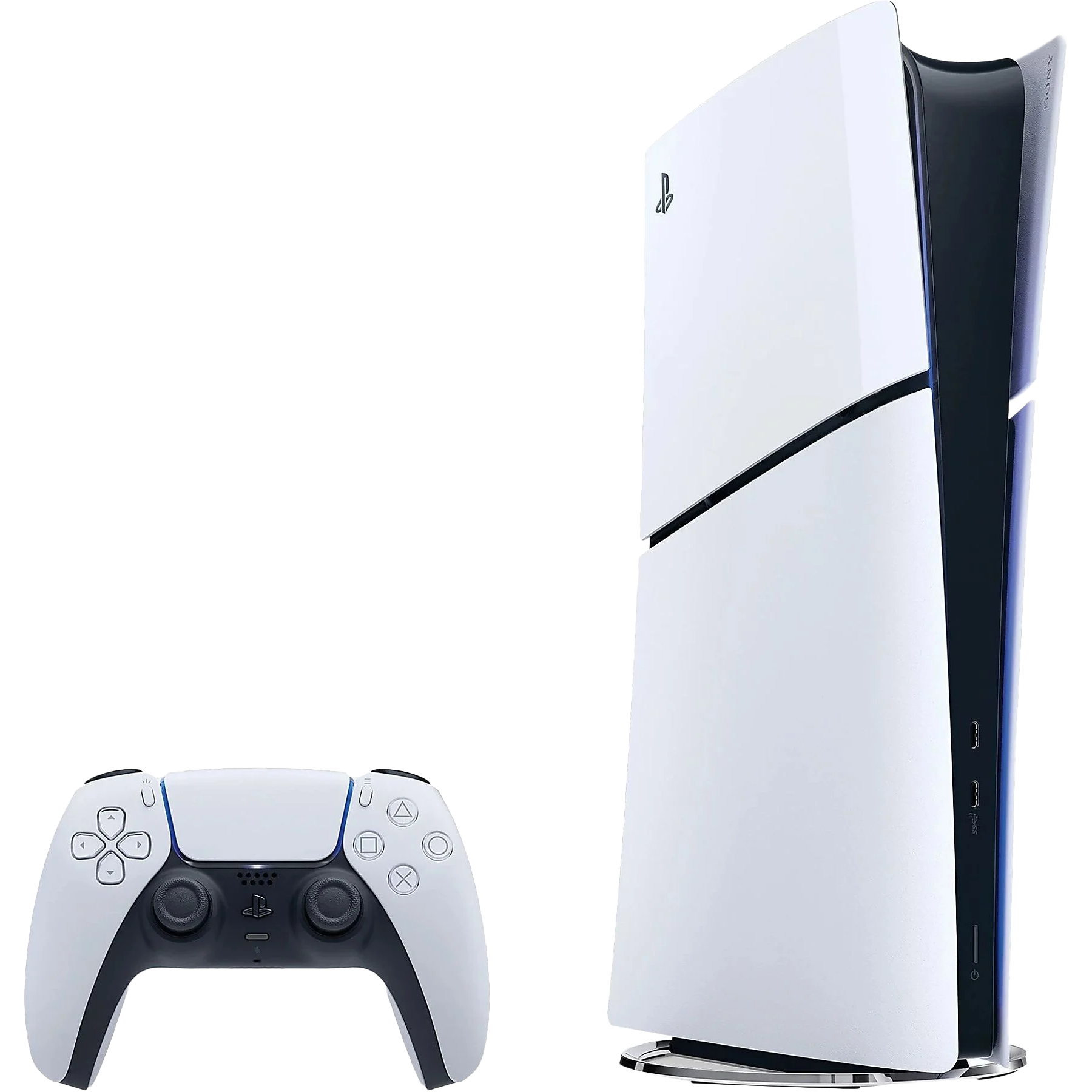 Biała konsola PlayStation 5 i kontroler. Kontroler jest po lewej stronie.