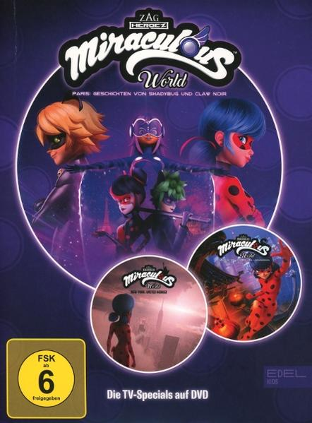 DVD-Cover: Zeichentrickfiguren. Titel: Miraculous World. Lila Hintergrund.