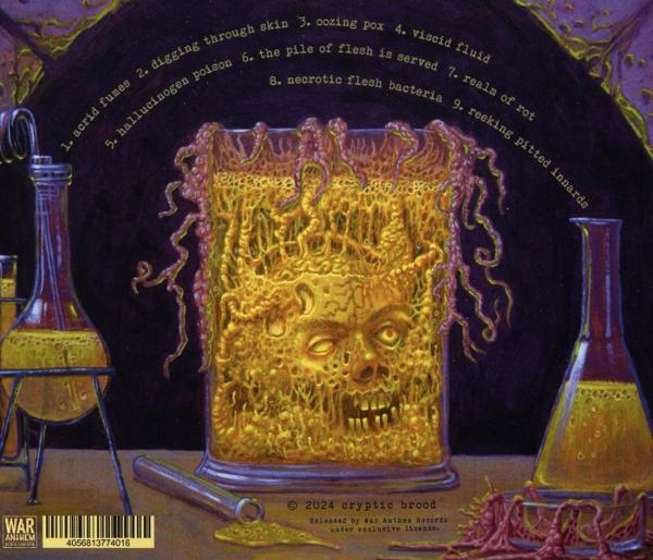 Albumcover mit grotesker Darstellung eines Gesichts in einem Glas mit Text.
