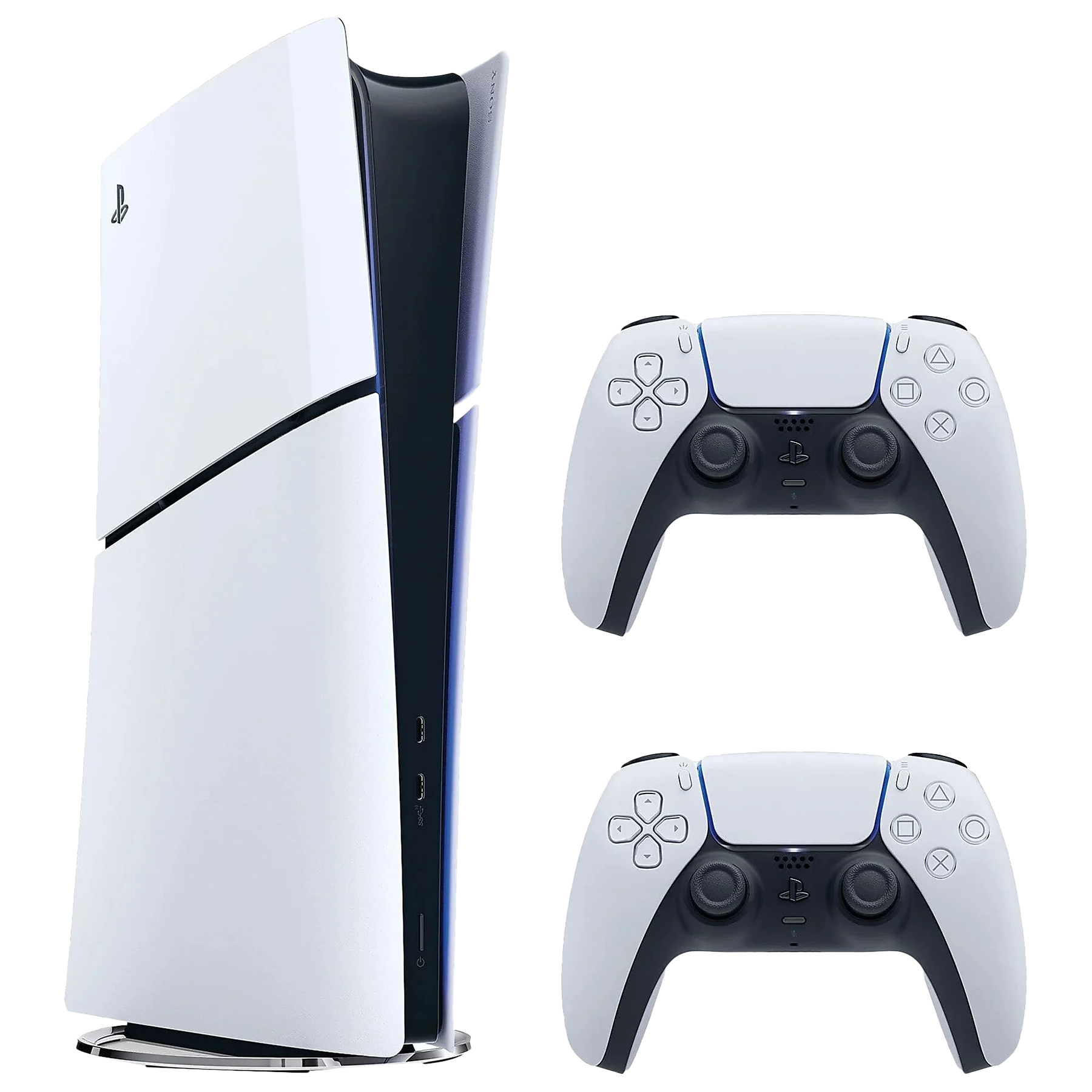 Biała konsola PlayStation 5 i dwa białe kontrolery. Czarne tło.