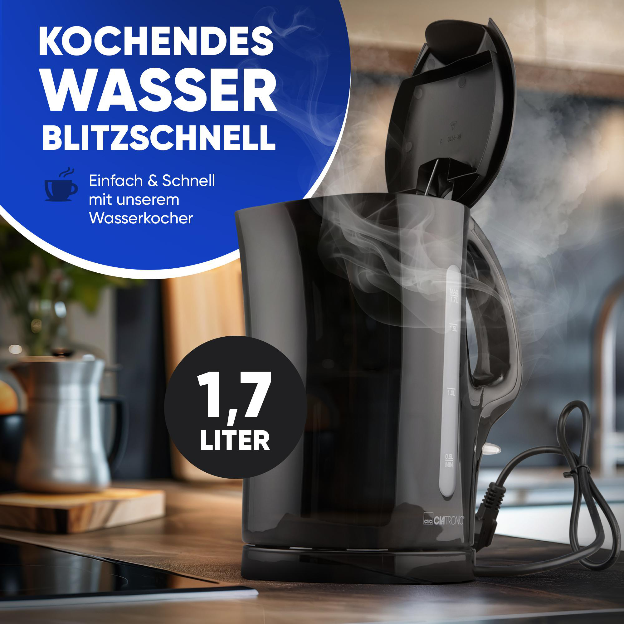 Ein schwarzer Wasserkocher mit offenem Deckel auf Holzoberfläche, Text-Overlay.