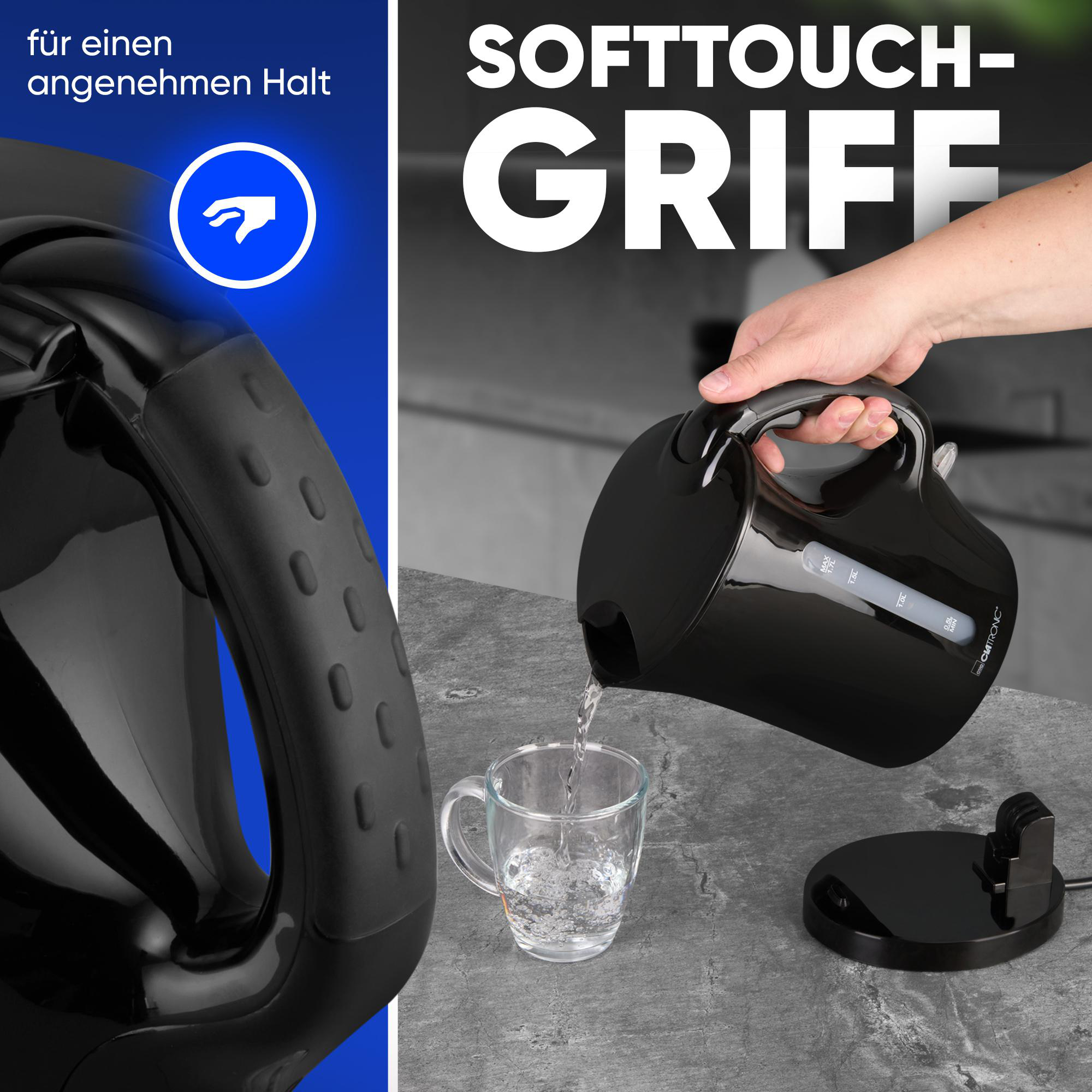 Schwarzer Wasserkocher gießt Wasser in ein Glas. Eine Hand hält den Griff. Soft-Touch-Griff ist sichtbar.