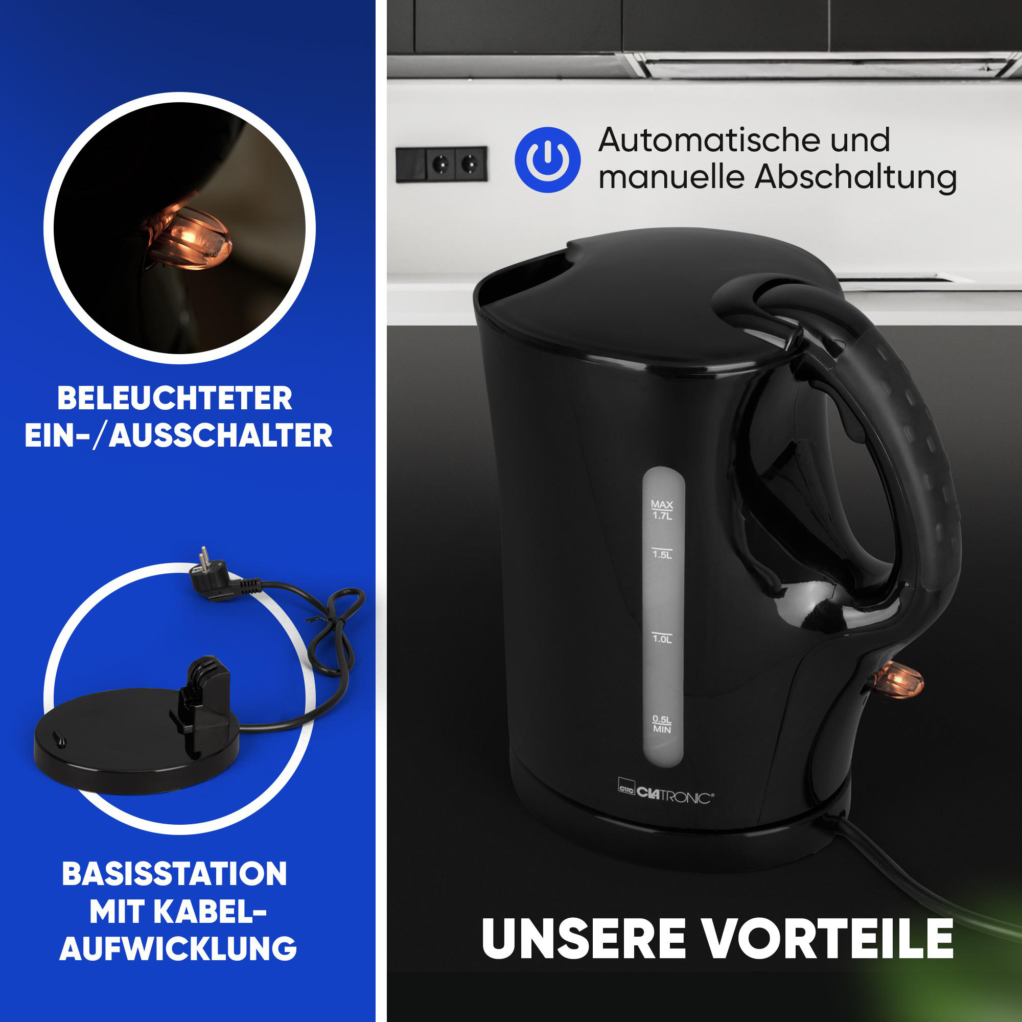 Schwarzer Wasserkocher mit Etiketten, beleuchteter Ein-/Ausschalter und Basis mit Kabel.