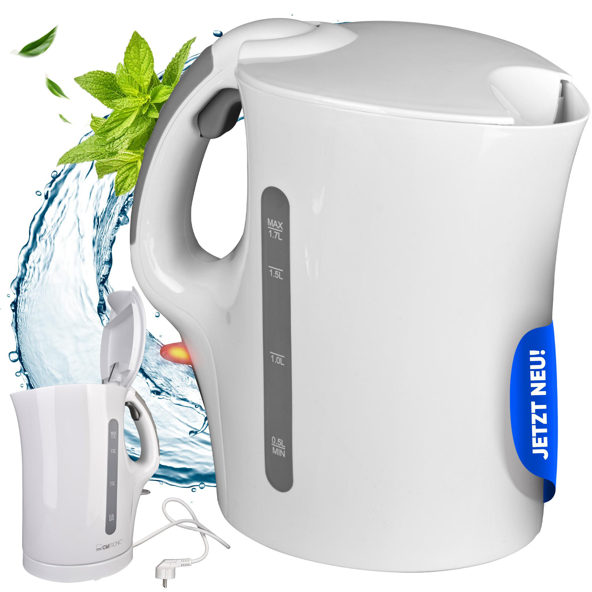 Ein weißer Wasserkocher mit offenem Deckel und ein kleiner Wasserkocher, mit Wasser und Minze.