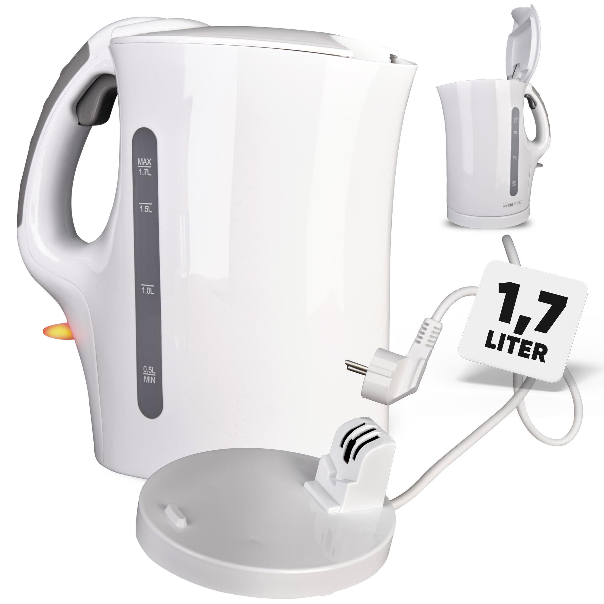 Ein weißer Wasserkocher mit grauem Griff und Wasserstandsanzeige. Ein Etikett zeigt 1,7 Liter Fassungsvermögen.
