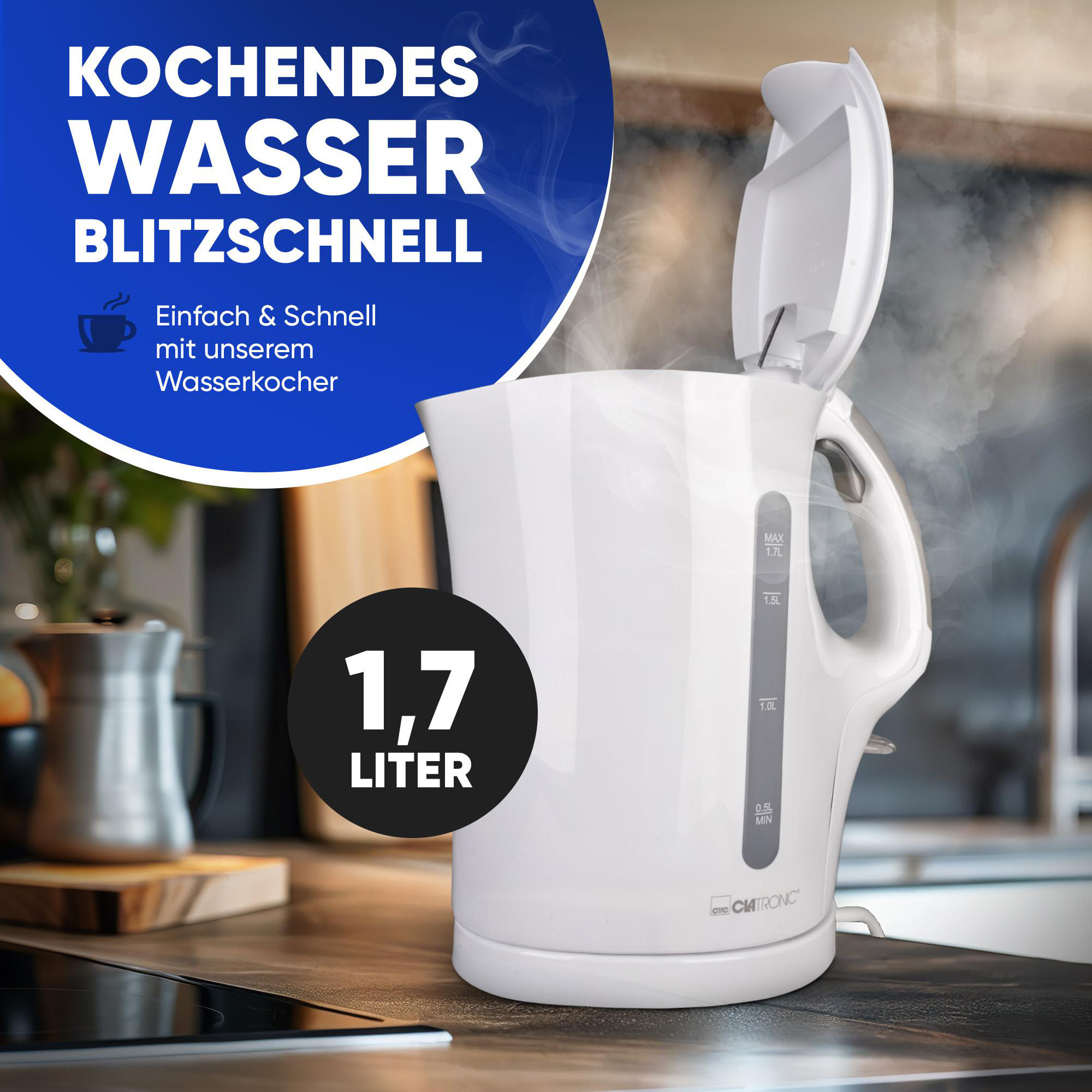 Weißer Wasserkocher mit offenem Deckel, Dampf steigt auf. Text: 1,7 LITER. Anderer Text vorhanden.