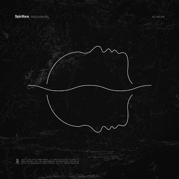 Albumcover. Schwarzer Hintergrund mit weißen Linien, die ein Gesicht und eine Reflexion bilden. Text: Spiritbox, Tsunami Sea.