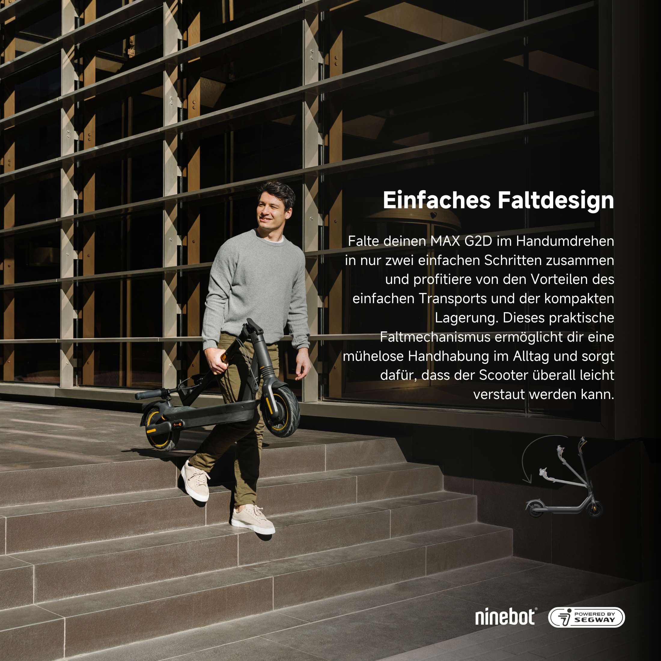 Mann hält zusammengeklappten schwarzen Roller auf Stufen, Text über einfaches Faltdesign.
