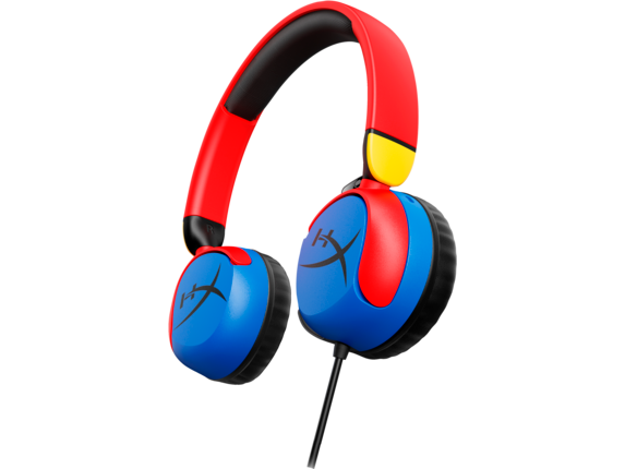 Siyah kafa bandı ve kulaklıklara sahip kırmızı ve mavi oyun kulaklığı. Marka HyperX'tir.