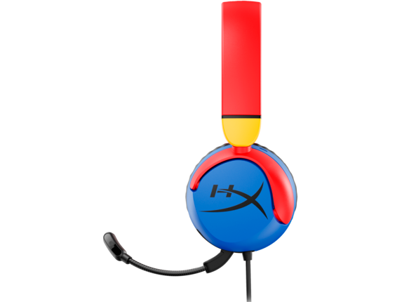 Koyu bir arka plan üzerinde, kırmızı bir kafa bandı ve mavi bir kulaklıkla bir HyperX oyun kulaklığı.