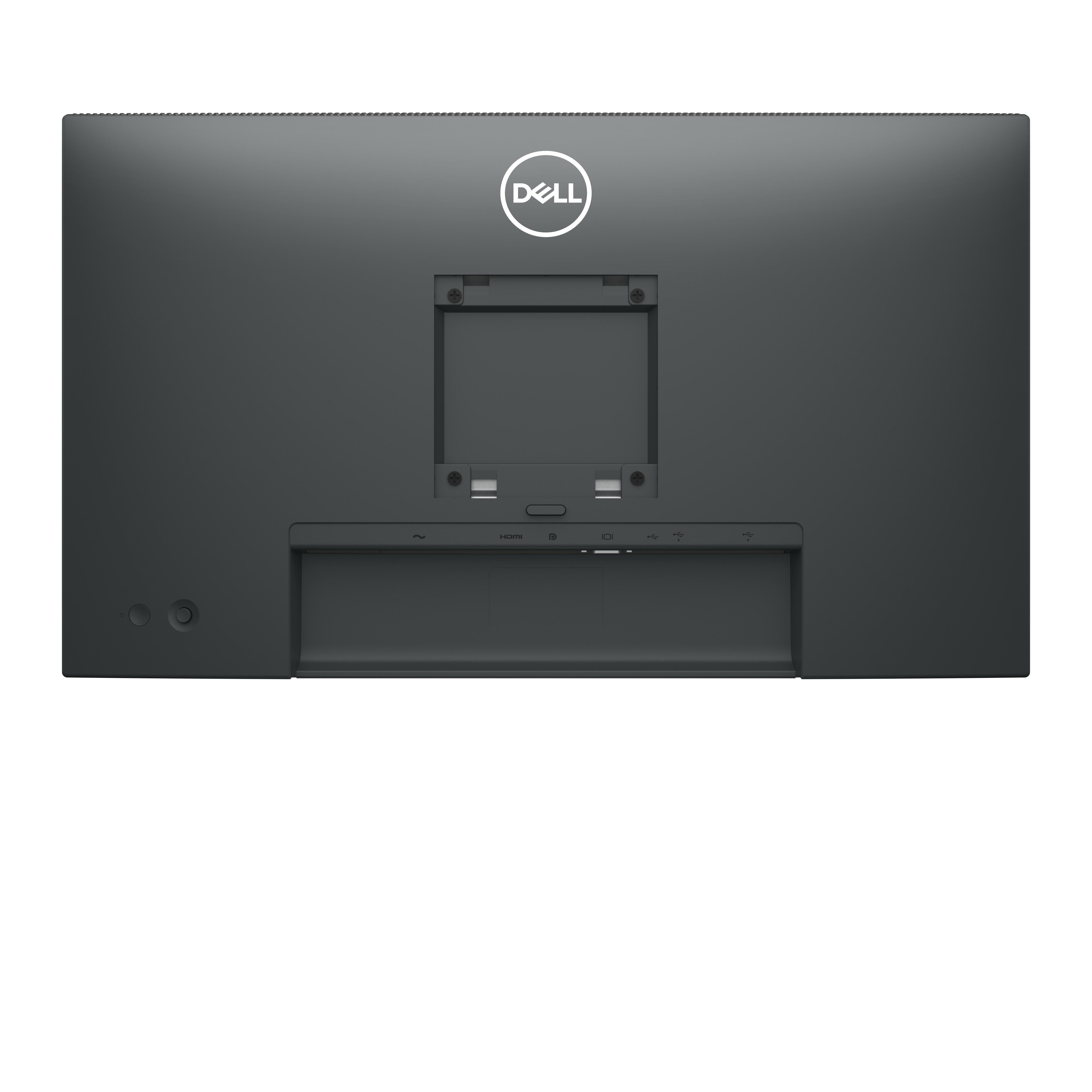 Rückseite eines schwarzen Computermonitors mit Dell-Logo und Montagevorrichtung.