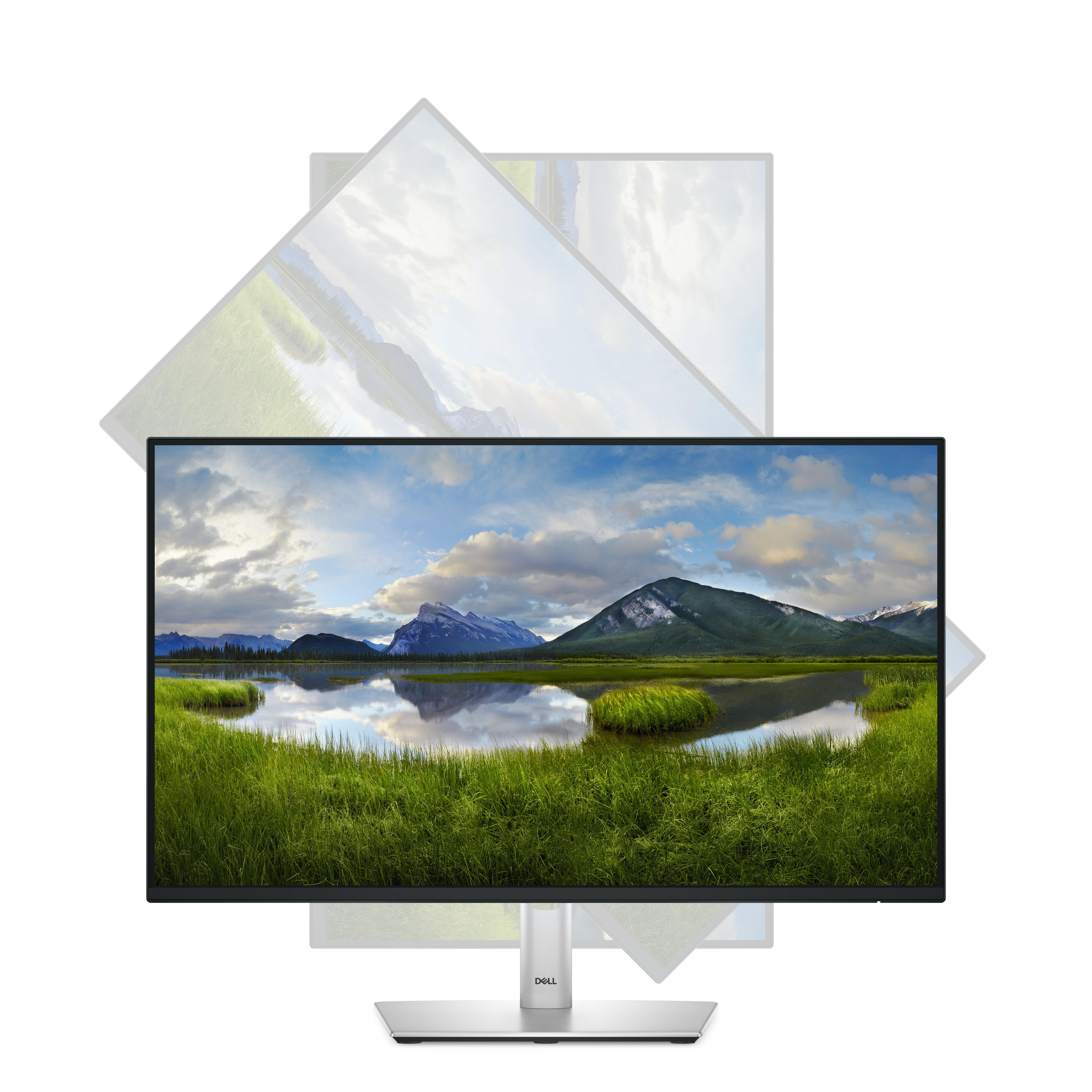 Ein Computermonitor mit Landschaftsbild. Ein silberner Ständer und ein weißer Hintergrund sind vorhanden.