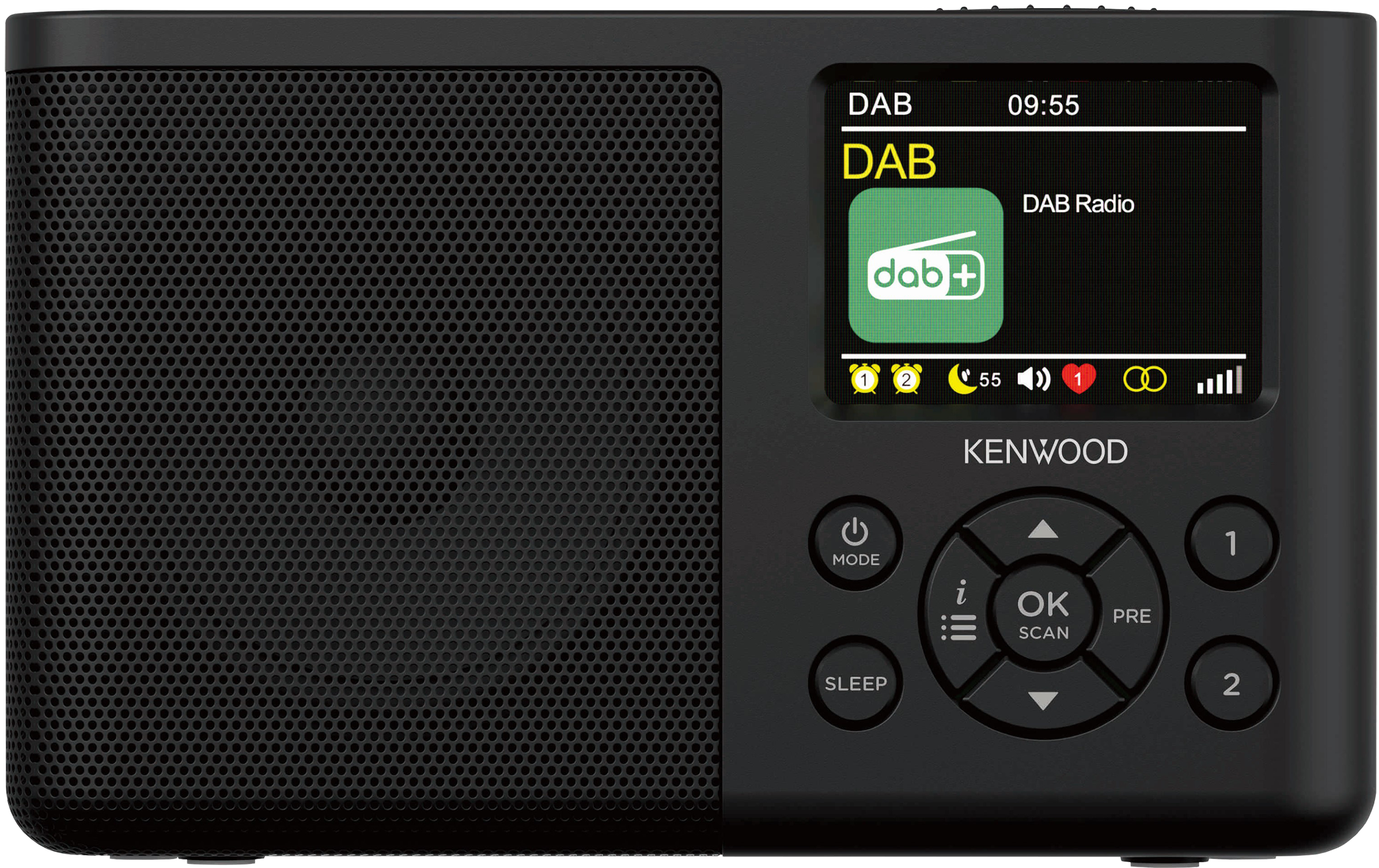 Ein schwarzes Kenwood DAB-Radio. Es hat einen Bildschirm, der DAB-Radio und eine Uhr anzeigt.
