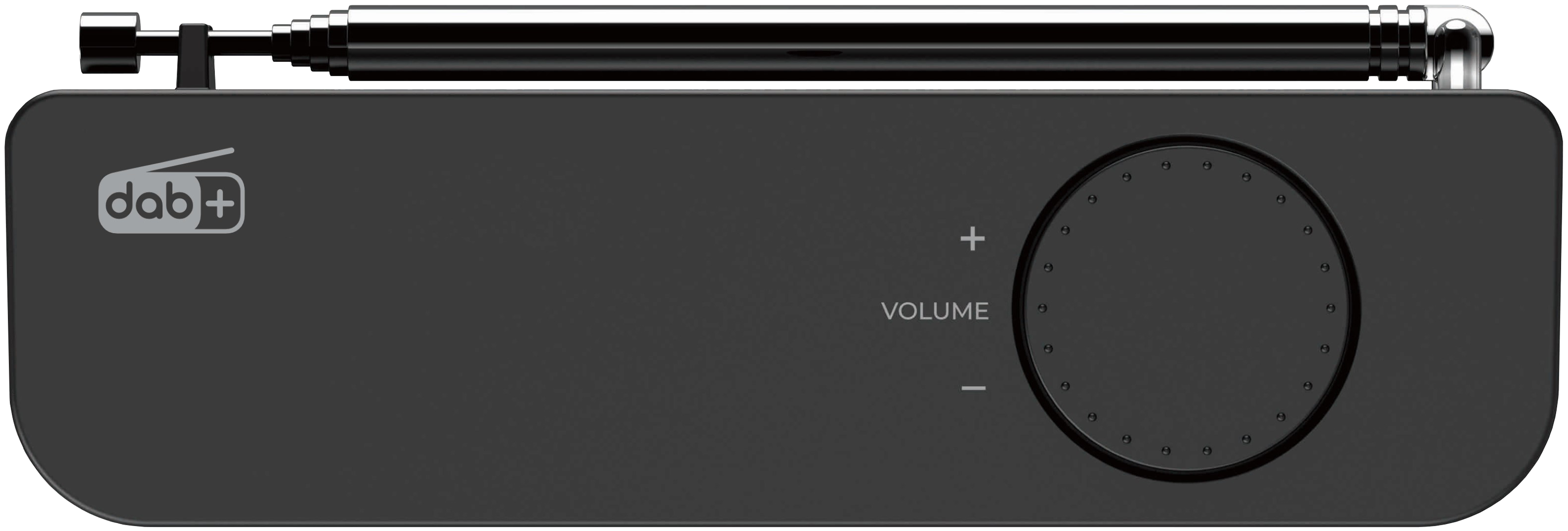 Ein schwarzes DAB+-Radio mit Lautstärkeregler und Antenne. Das Design ist minimalistisch.