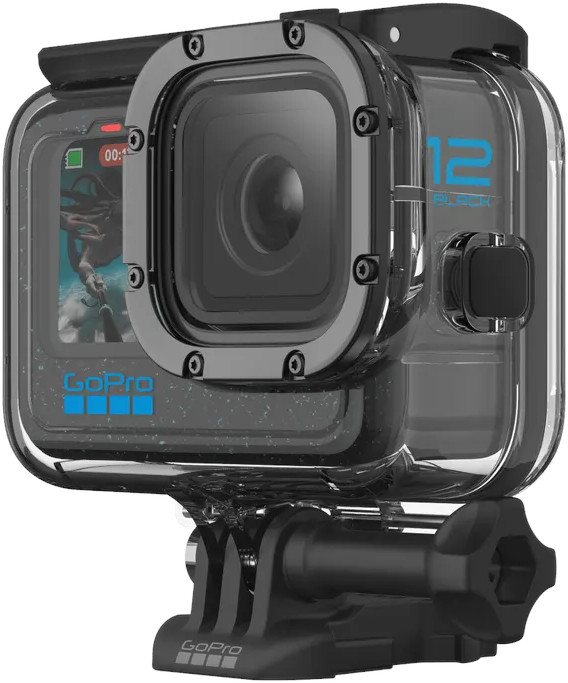 GoPro camera in a clear waterproof case, showing a screen with video, mounted on a black base.