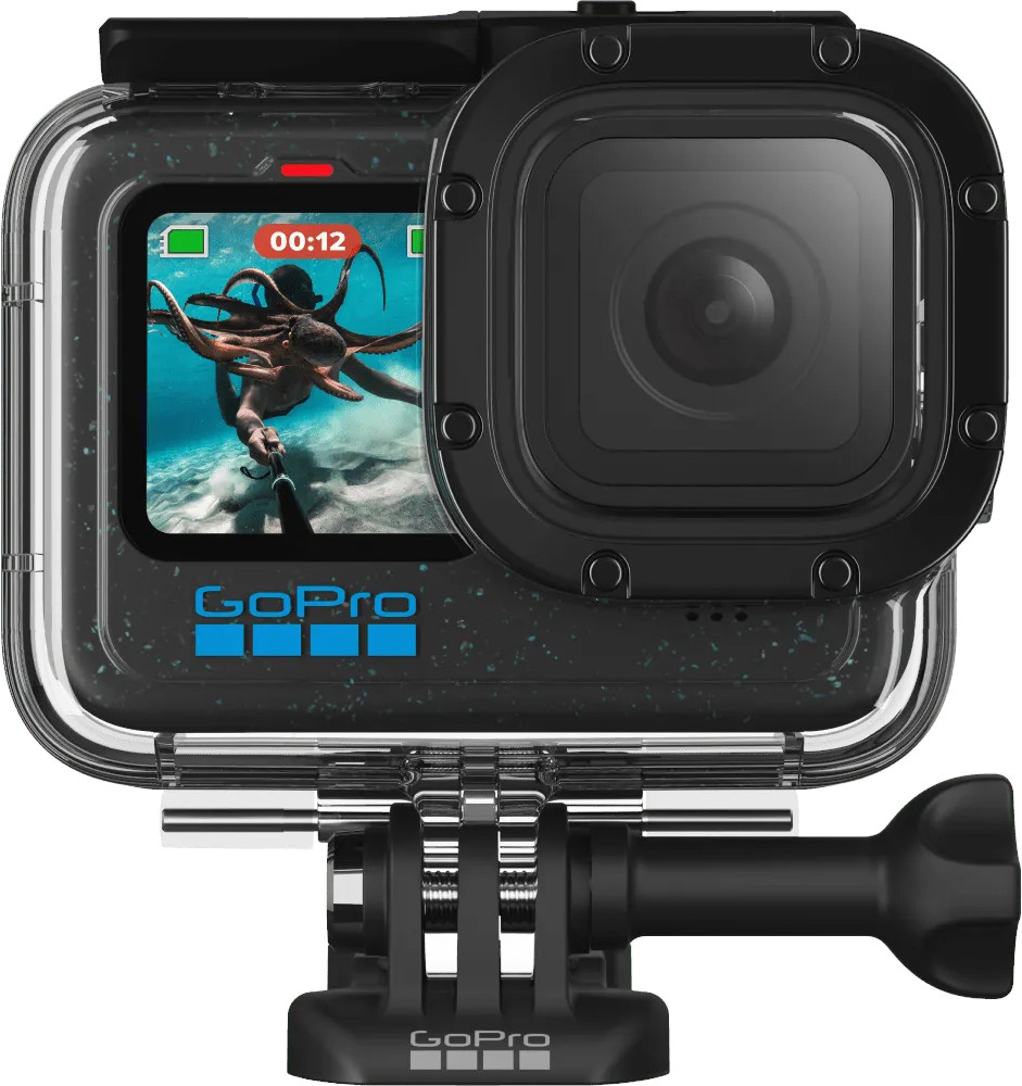GoPro camera in waterproof case, showing a video on screen, mounted on a black base with a strap.