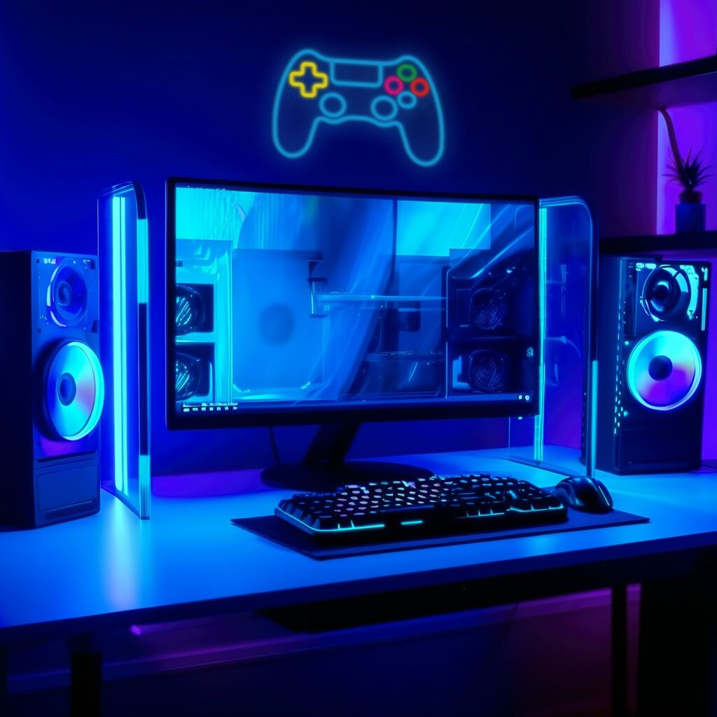 Konfiguracja do gier z monitorem, klawiaturą, głośnikami i neonowym joystickiem.