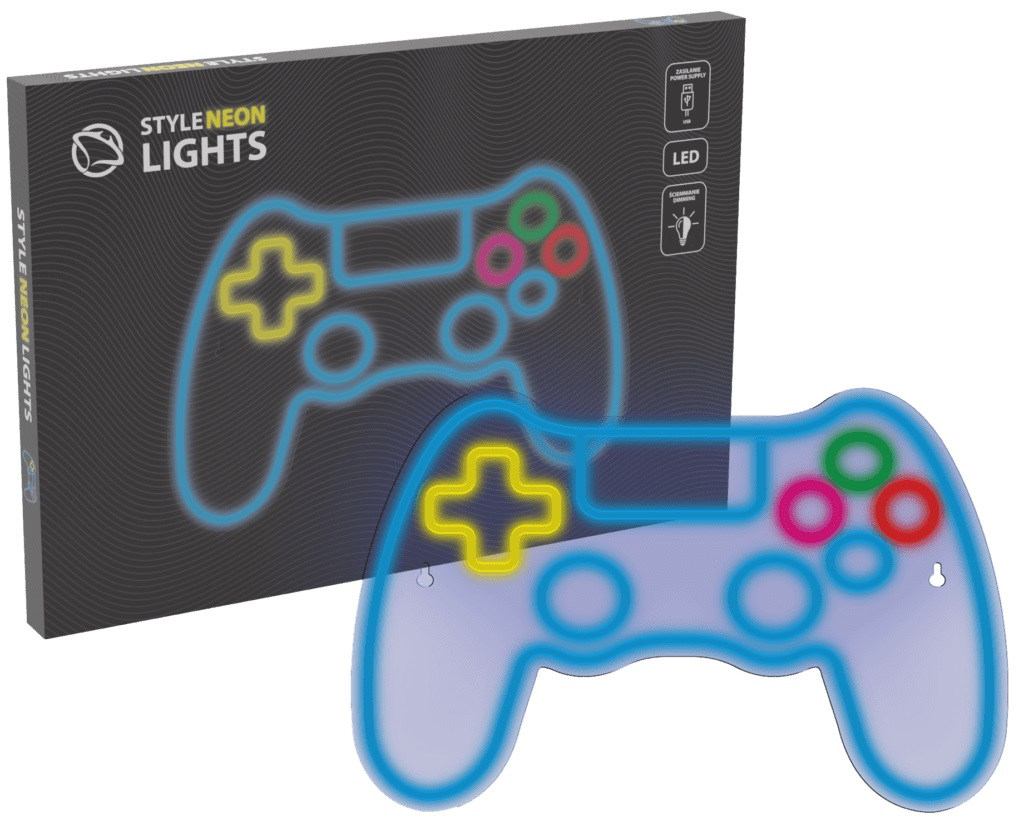 Neonowe niebieskie światła w kształcie gamepada i czarne pudełko z tym samym wzorem.