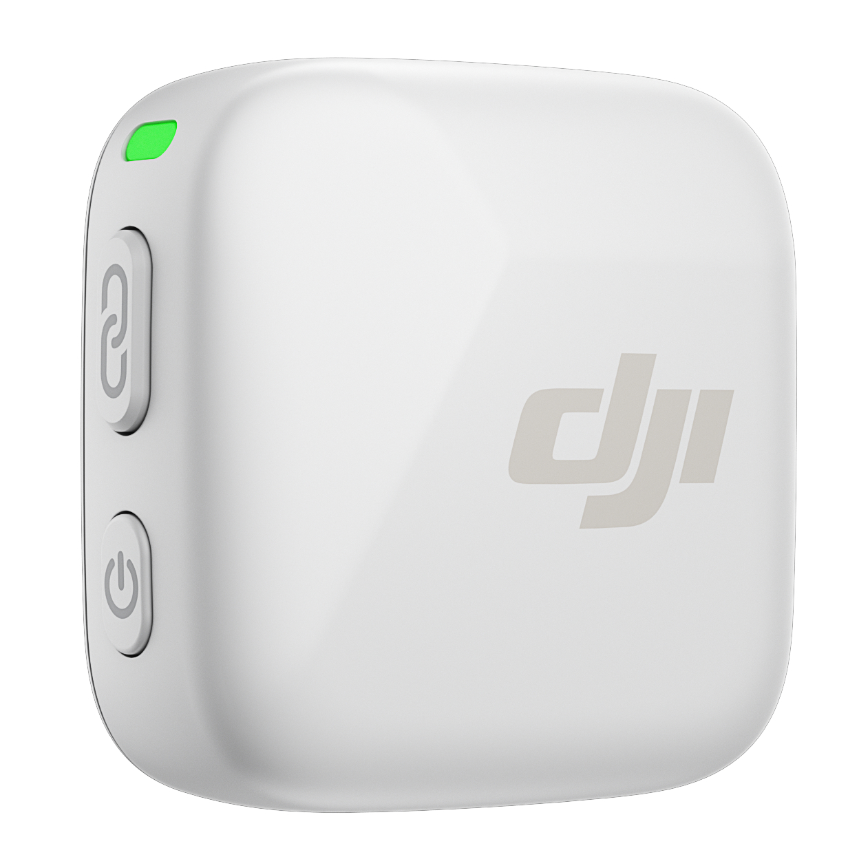 Białe kwadratowe urządzenie z dwoma przyciskami, zielonym światłem i logo DJI.