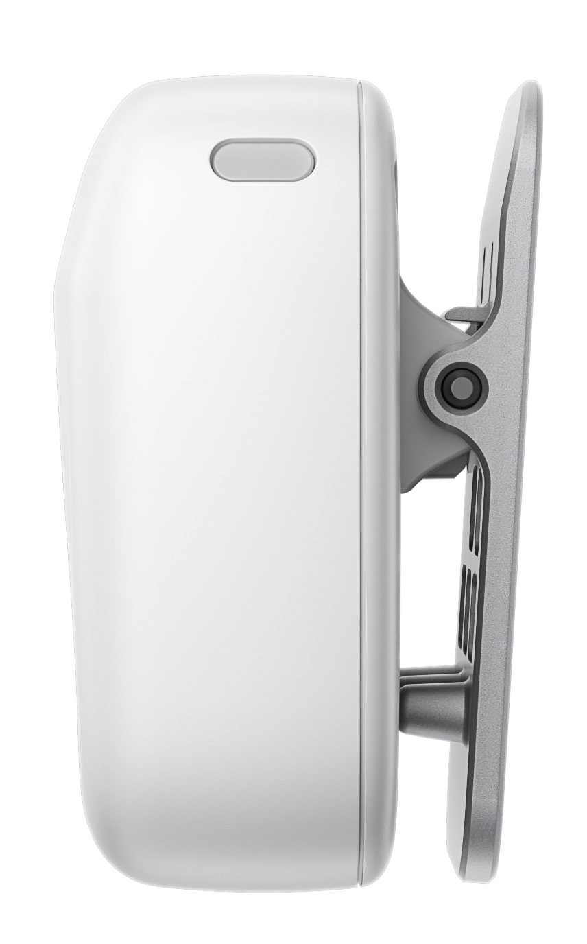 Białe urządzenie z klipsem, widok z boku.