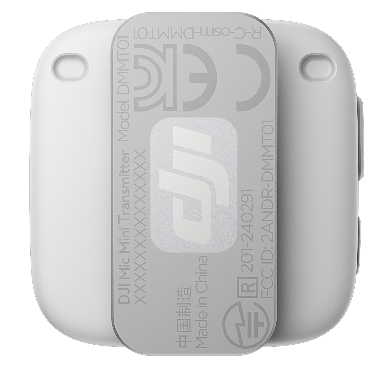 Nadajnik DJI Mic Mini: biały, z tekstem i oznaczeniami. Widoczny identyfikator FCC.