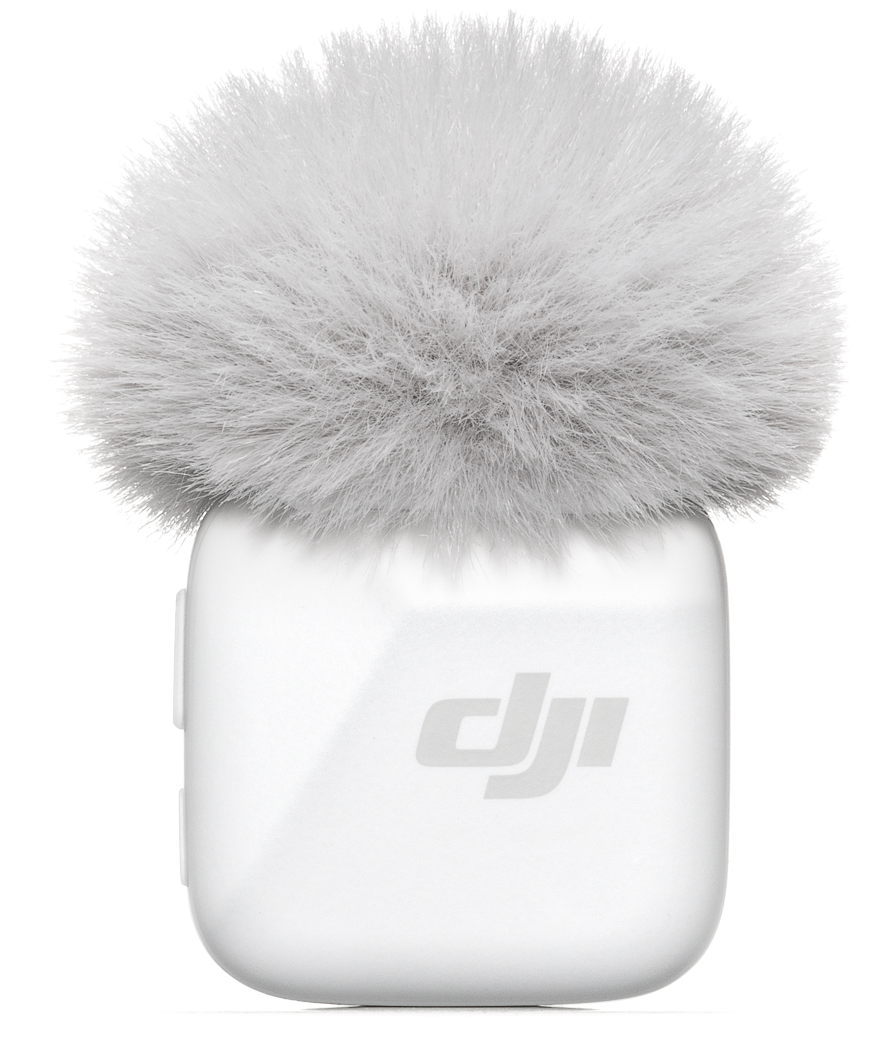 Biały mikrofon z puszystą szarą osłoną przeciwwiatrową, widoczne logo DJI.