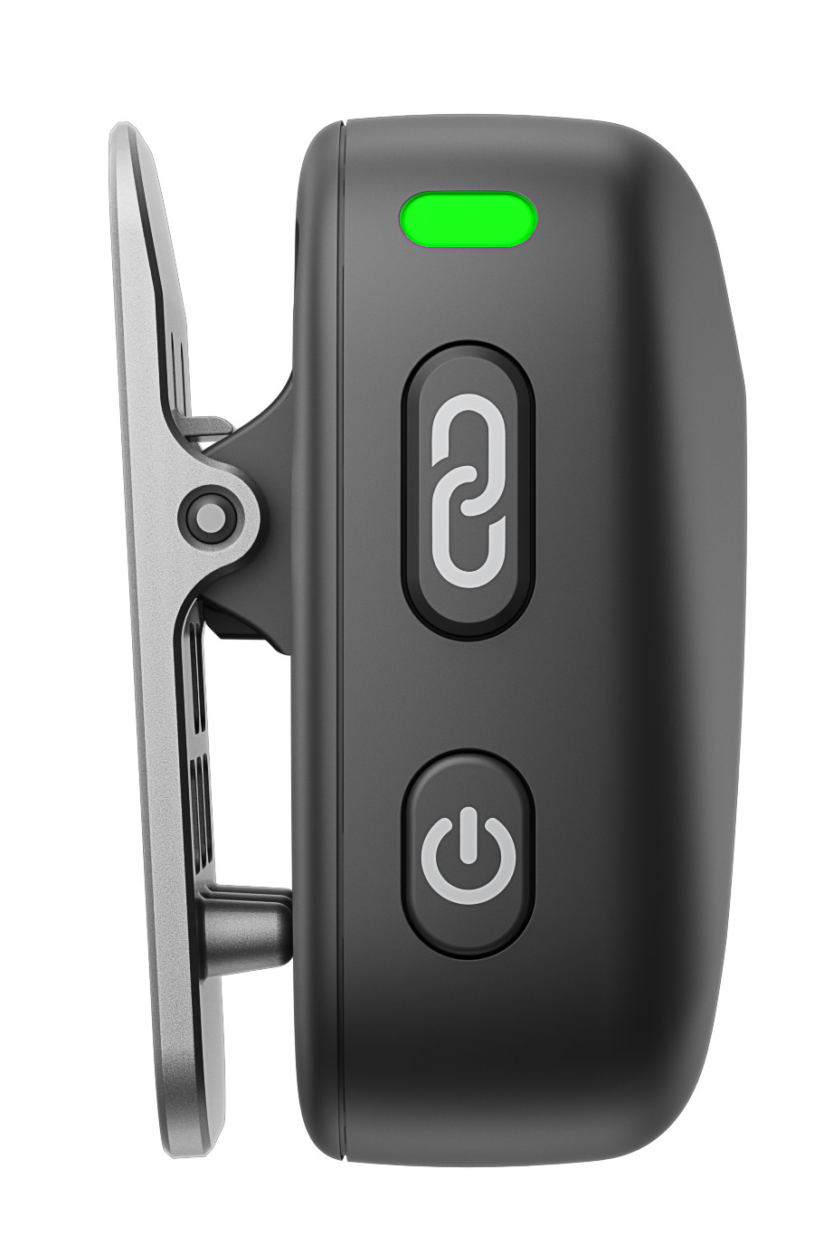 Czarne urządzenie ze srebrnym klipsem i przyciskami, świeci się zielone światło, widok z boku.