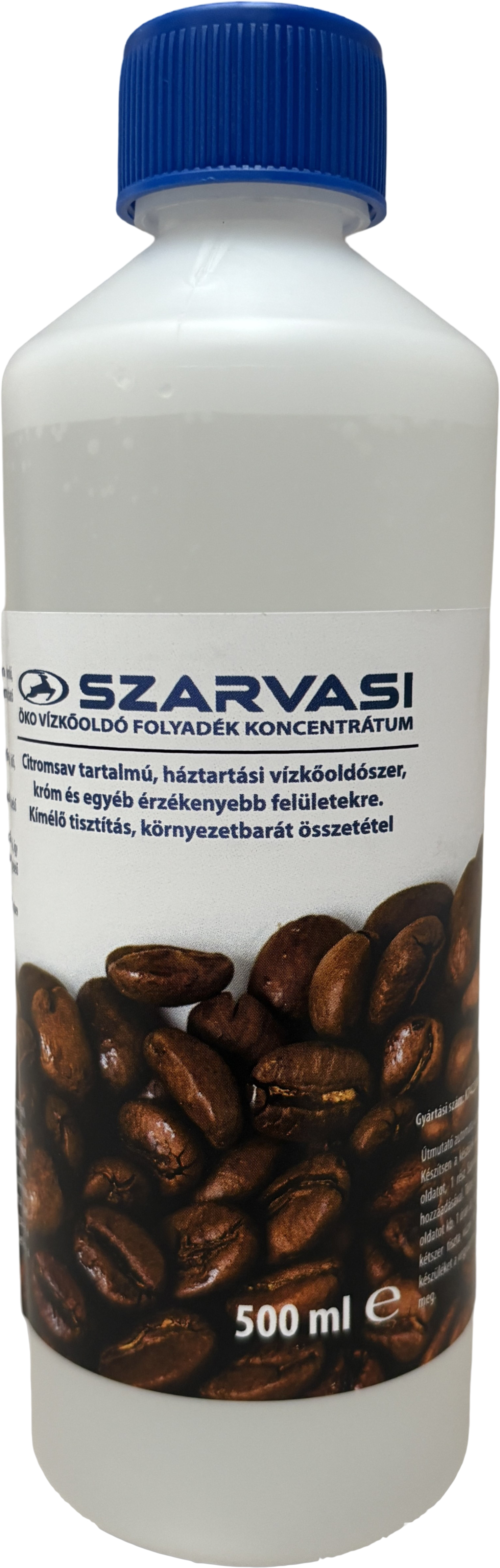 Egy flakon folyadék kávébabbal a címkén, magyar nyelvű szöveggel.