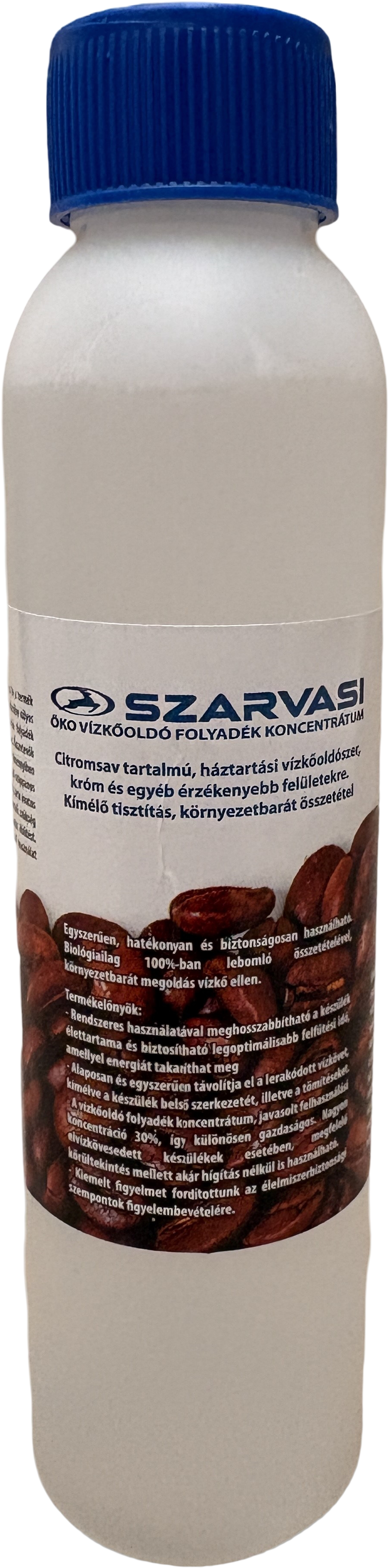 Fehér palack kék kupakkal. Címke idegen nyelvű szöveggel. Barna folyadék belül.