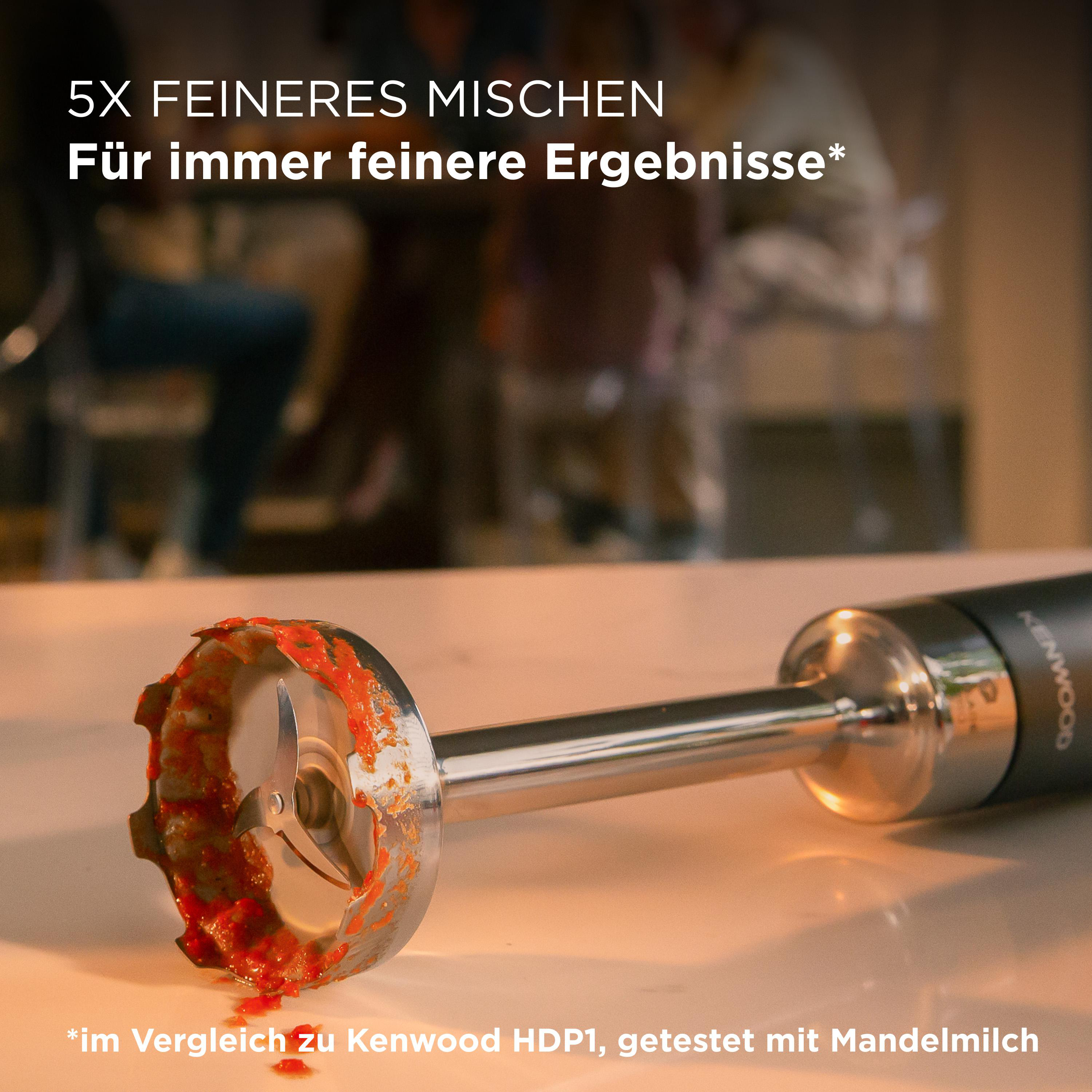 Ein Mixerkopf mit rotem Essen und Text über das Mischen.