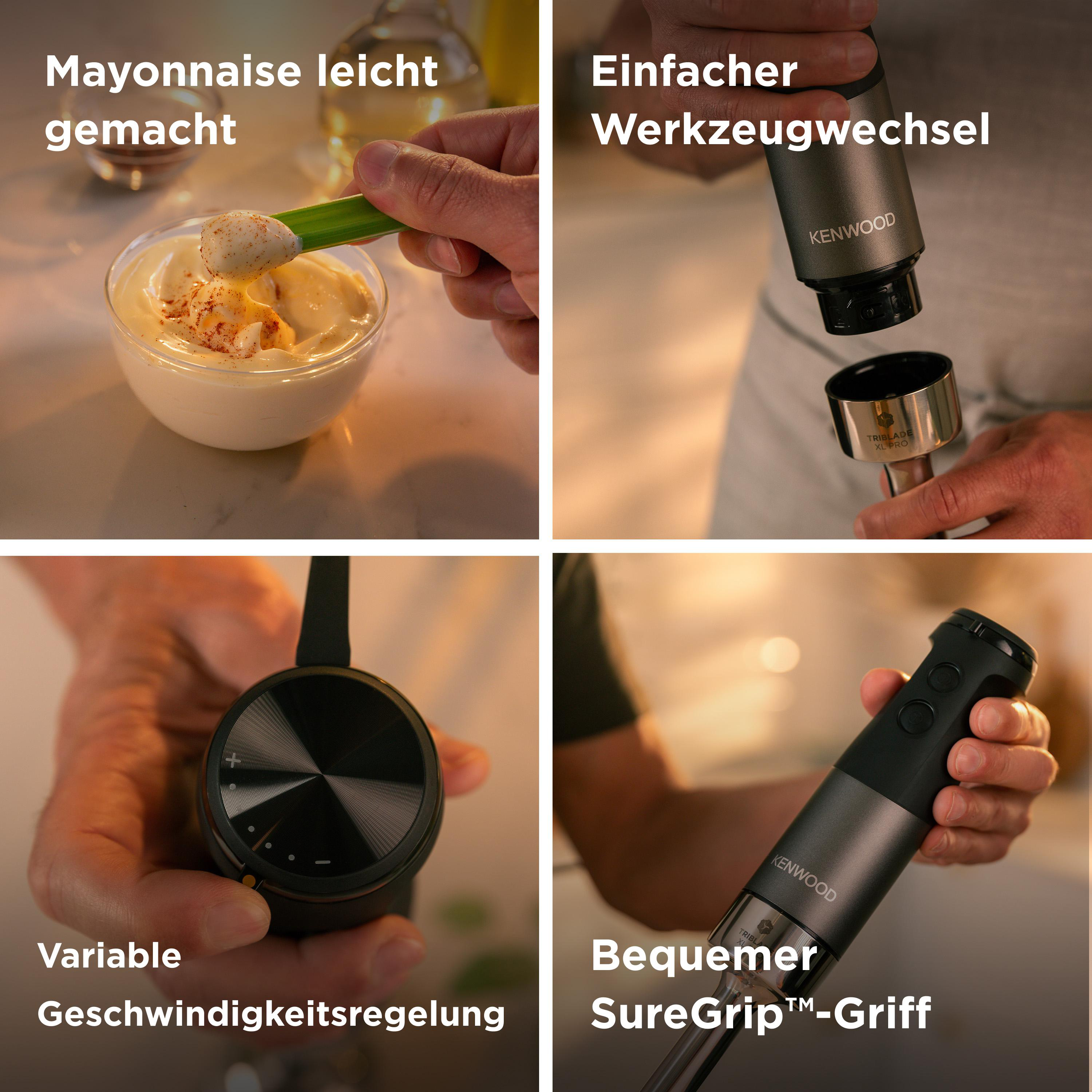 Vier Bilder, die die Verwendung eines Handmixers mit Textbeschriftungen zeigen.
