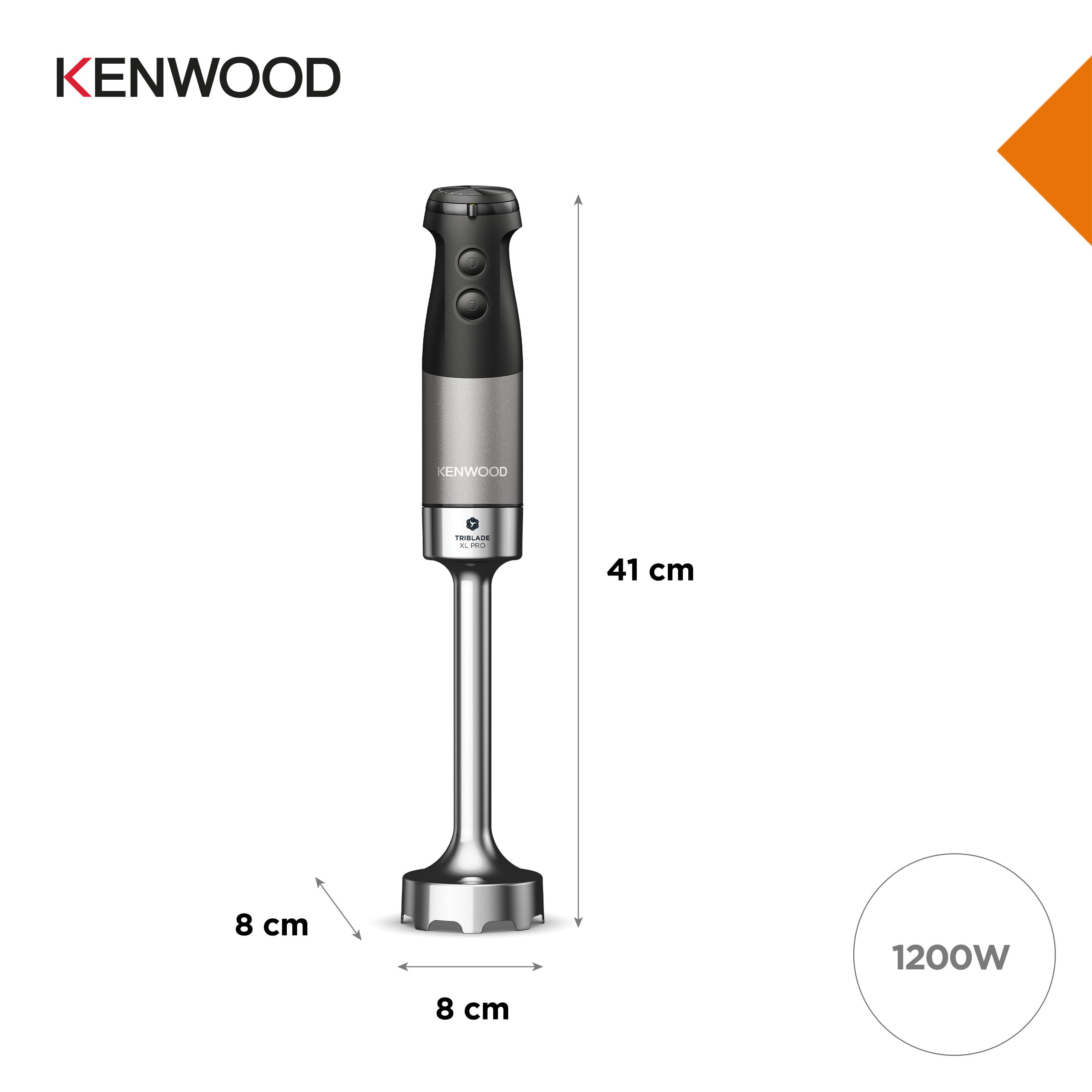 Ein Kenwood-Stabmixer mit Abmessungen: 41 cm Höhe, 8 cm Breite.
