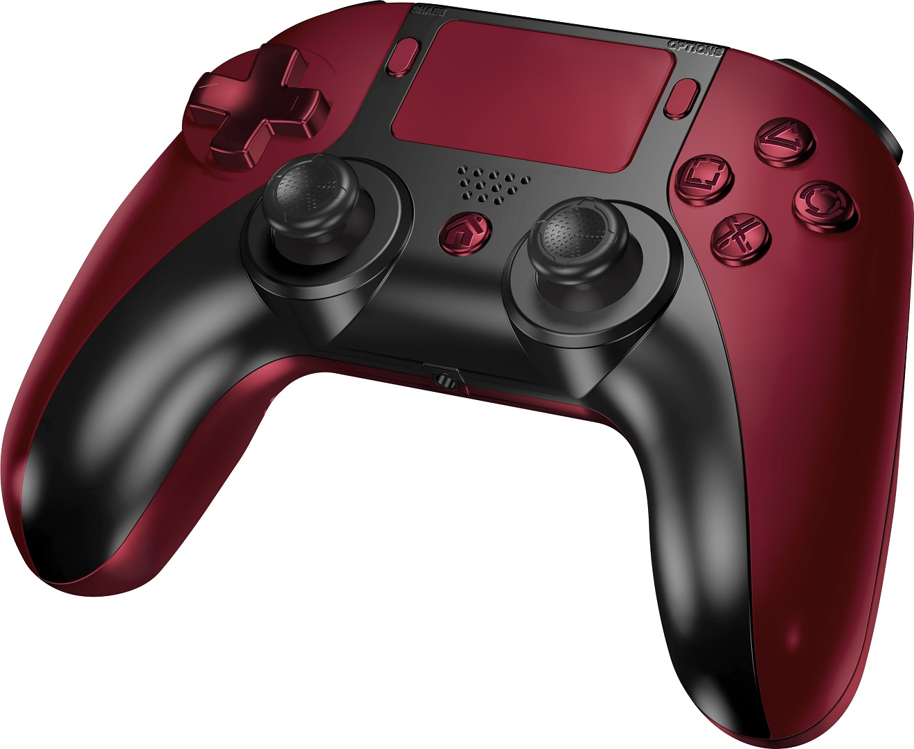 Ein weinroter und schwarzer Gaming-Controller mit Knöpfen und Joysticks. Er ist vor weißem Hintergrund platziert.