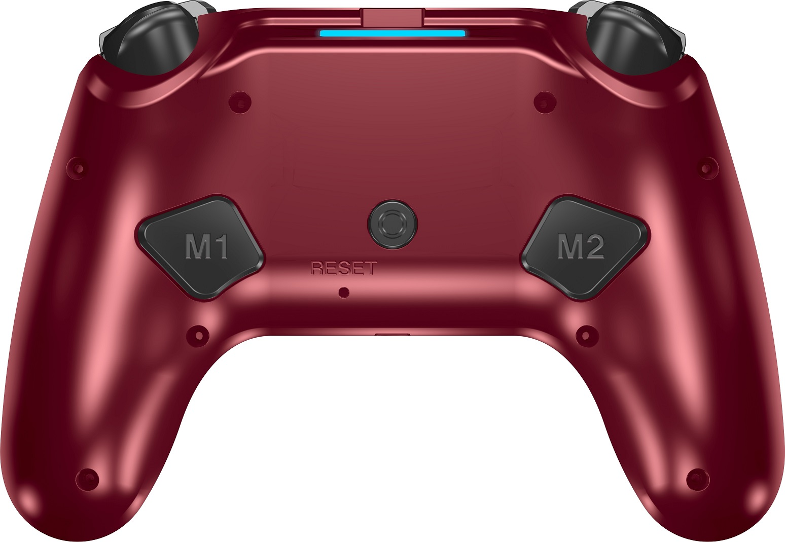 Ein rot-weißer Gaming-Controller mit schwarzen Daumensticks und Knöpfen.